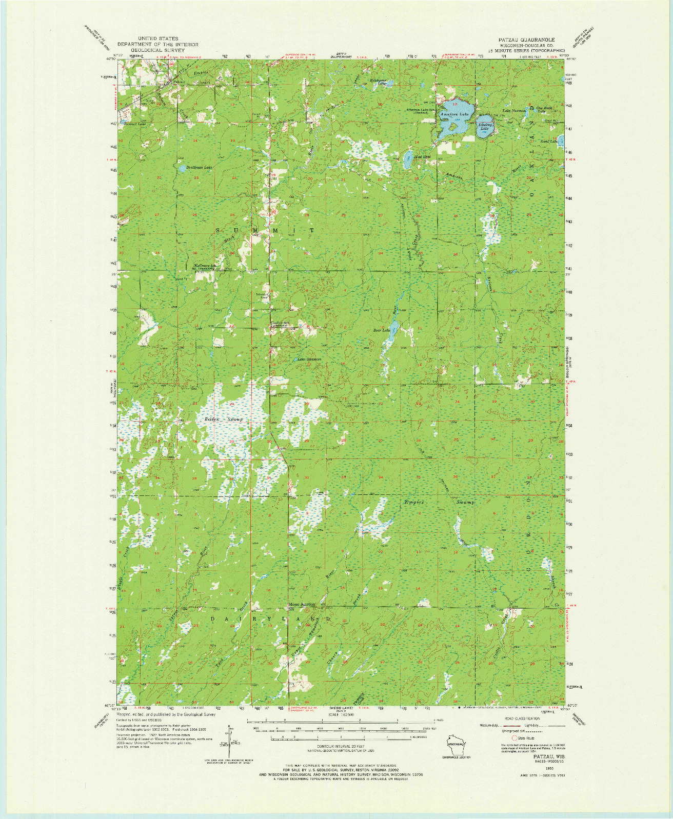 USGS 1:62500-SCALE QUADRANGLE FOR PATZAU, WI 1955