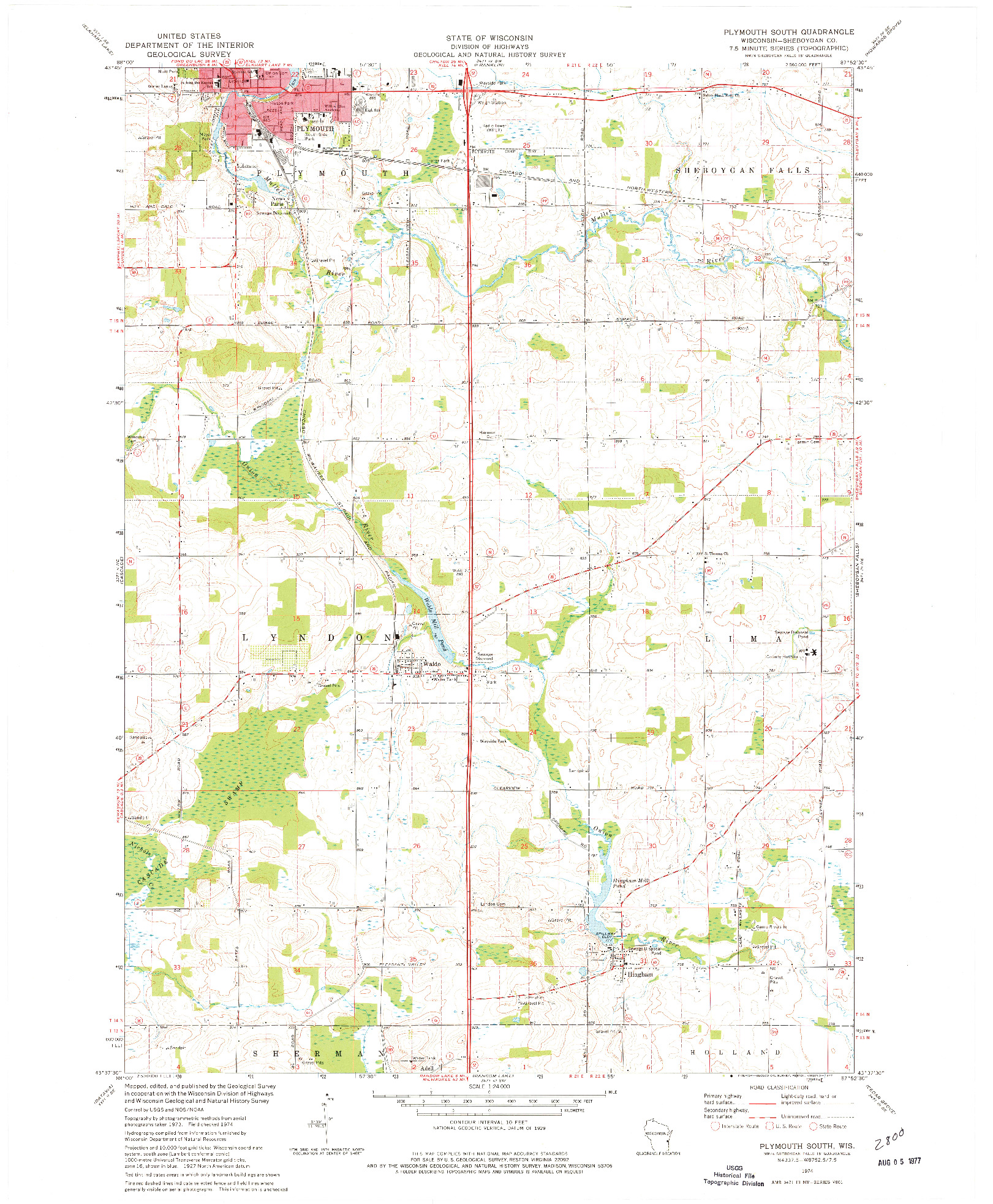 USGS 1:24000-SCALE QUADRANGLE FOR PLYMOUTH SOUTH, WI 1974