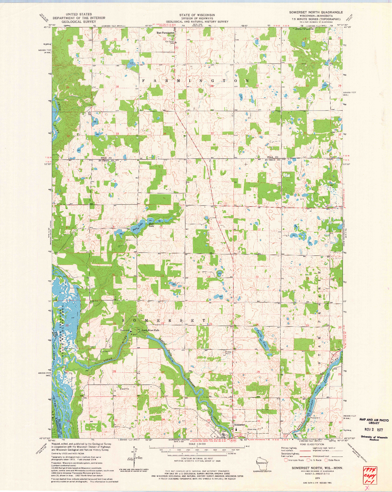 USGS 1:24000-SCALE QUADRANGLE FOR SOMERSET NORTH, WI 1974