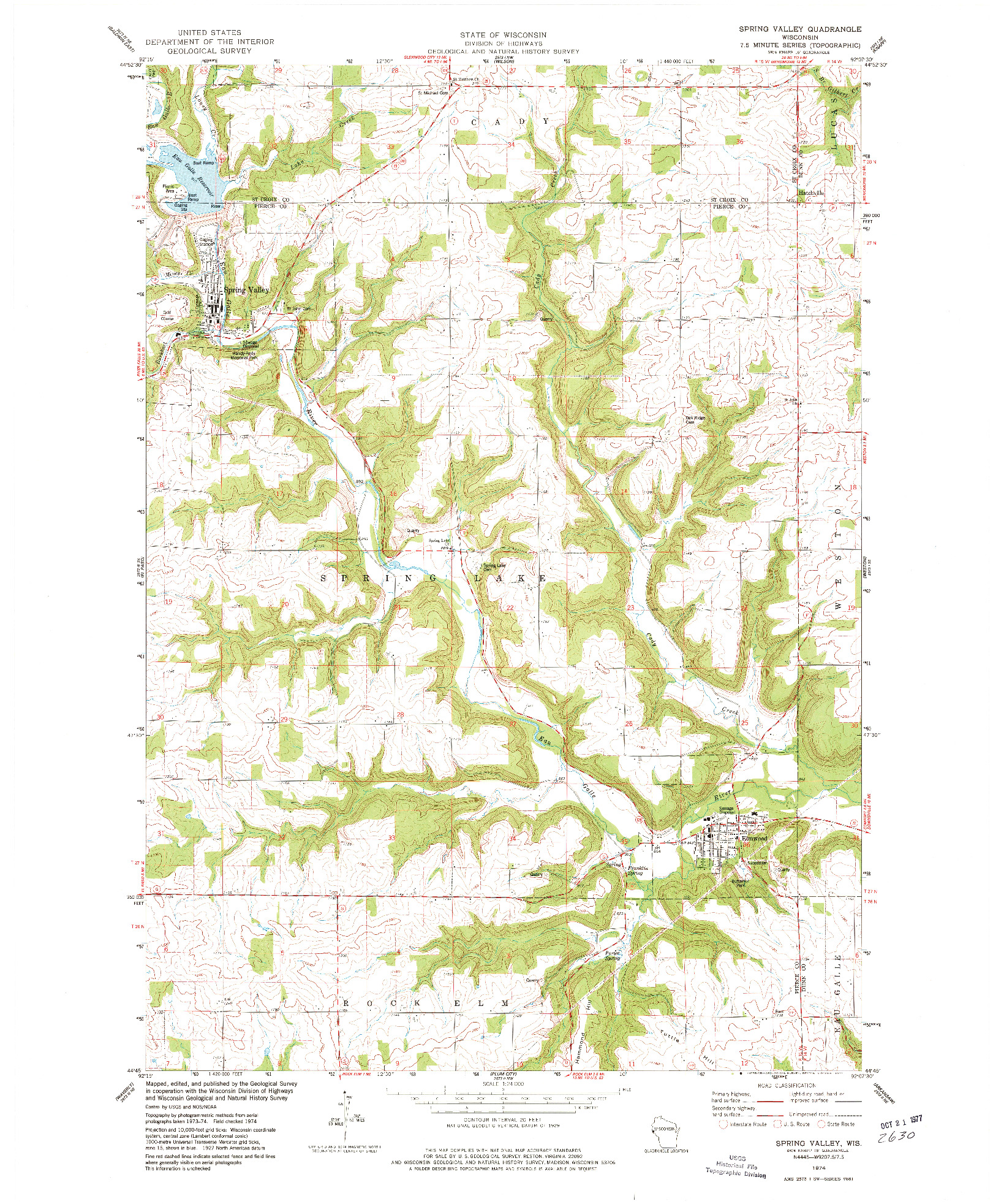 USGS 1:24000-SCALE QUADRANGLE FOR SPRING VALLEY, WI 1974