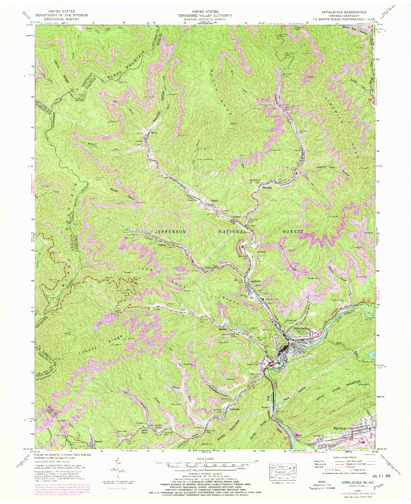 USGS 1:24000-SCALE QUADRANGLE FOR APPALACHIA, VA 1955