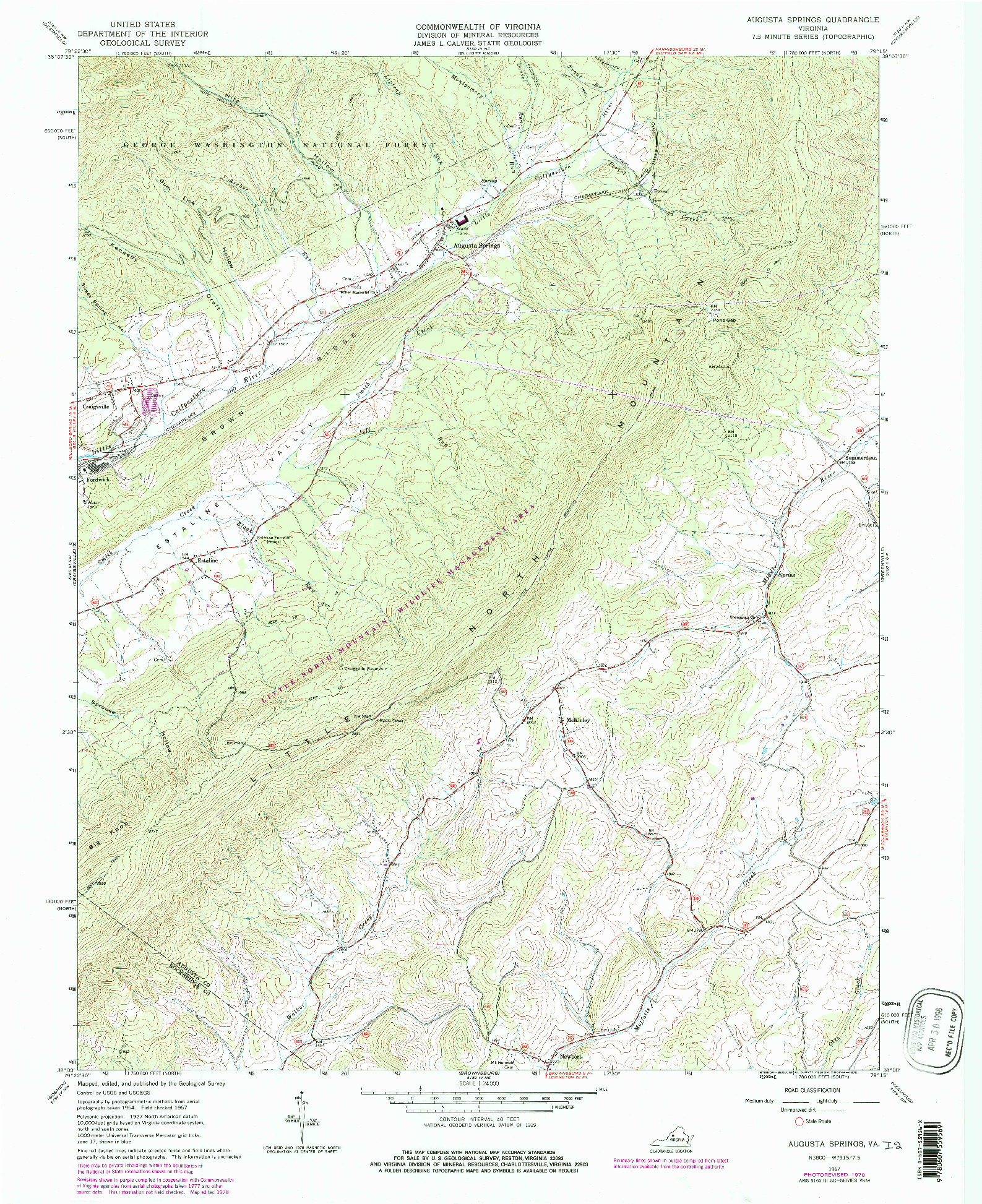 USGS 1:24000-SCALE QUADRANGLE FOR AUGUSTA SPRINGS, VA 1967