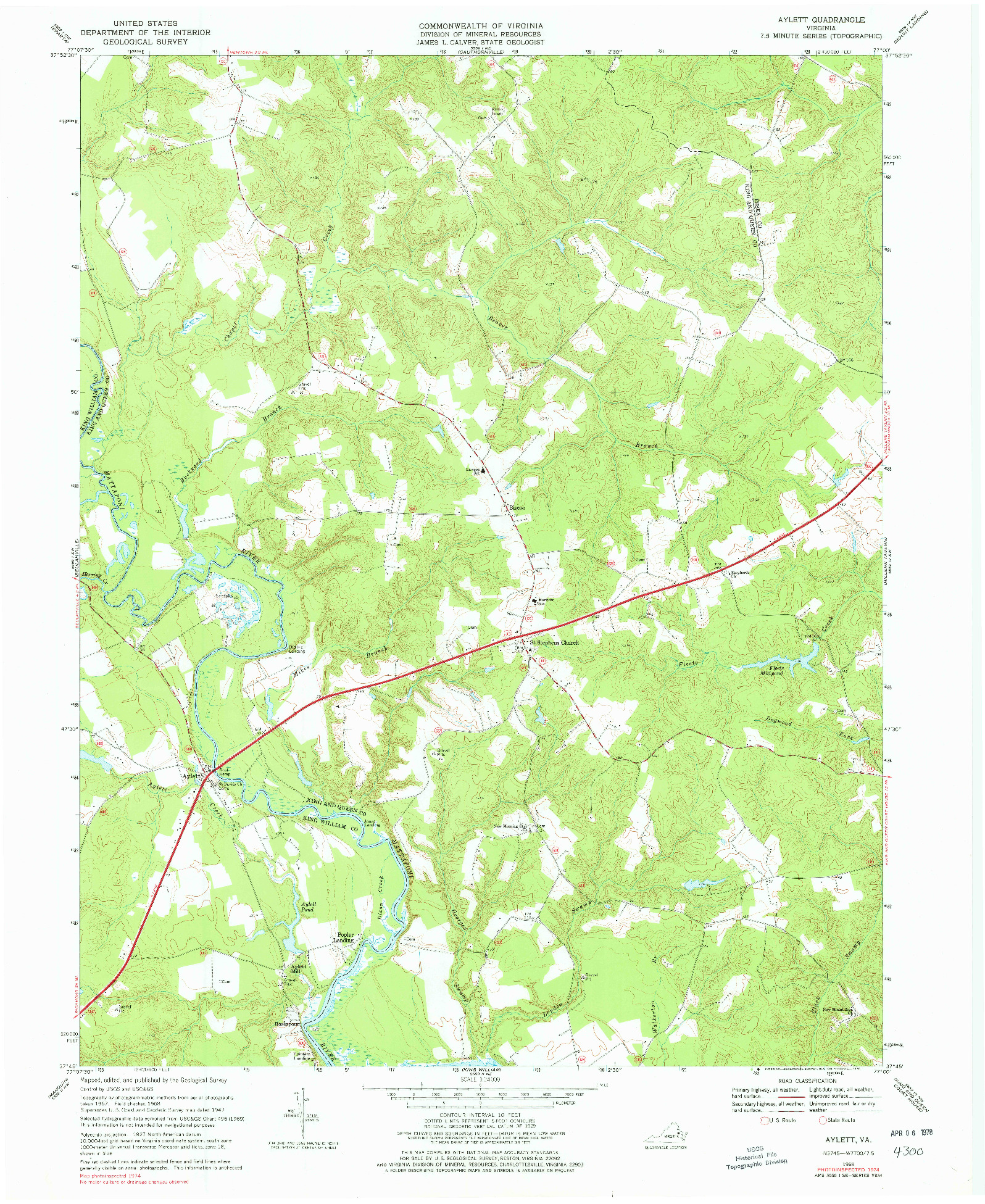 USGS 1:24000-SCALE QUADRANGLE FOR AYLETT, VA 1968