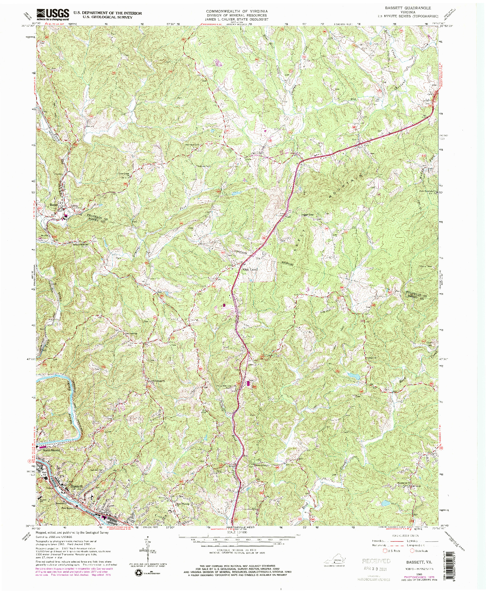 USGS 1:24000-SCALE QUADRANGLE FOR BASSETT, VA 1965