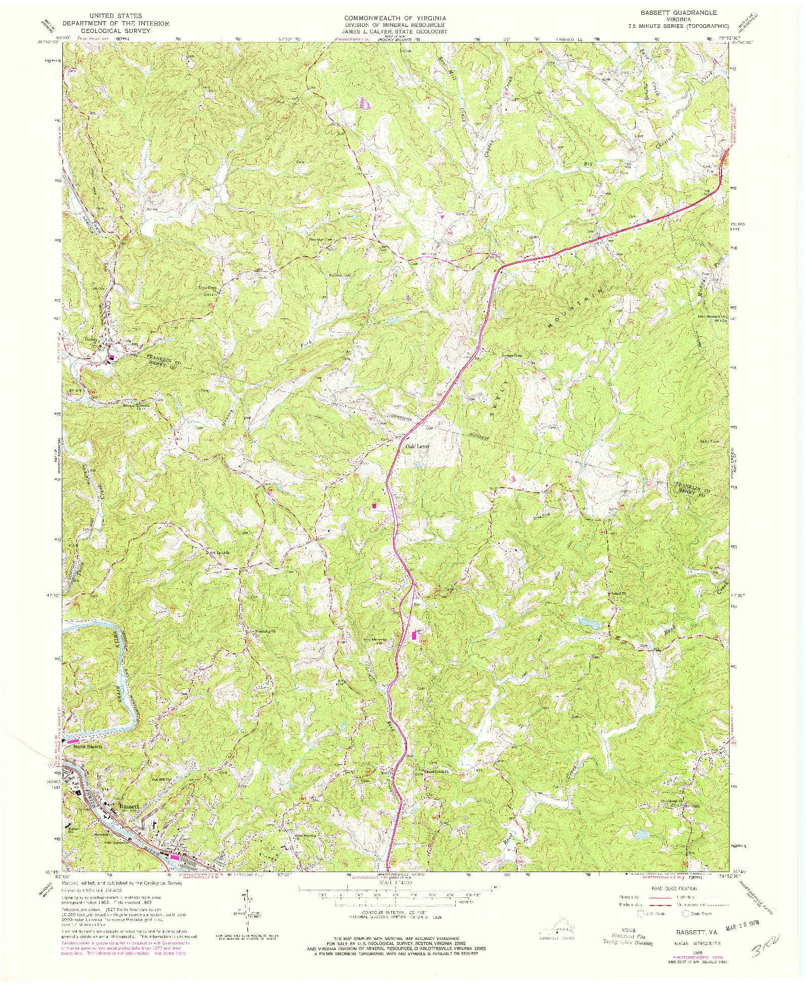 USGS 1:24000-SCALE QUADRANGLE FOR BASSETT, VA 1965