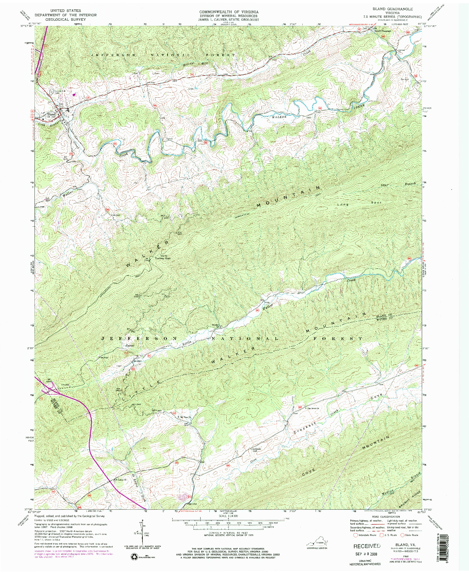 USGS 1:24000-SCALE QUADRANGLE FOR BLAND, VA 1968