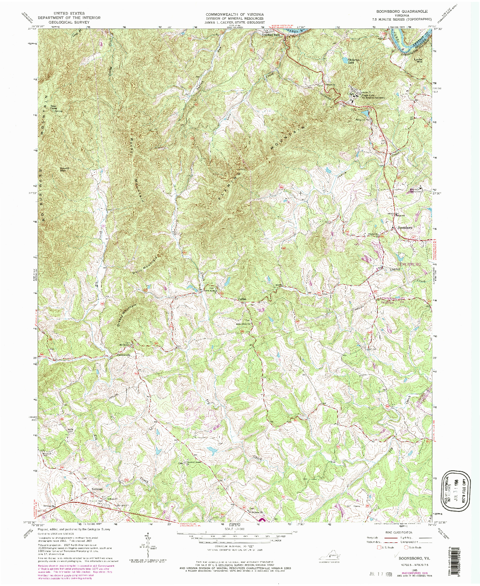 USGS 1:24000-SCALE QUADRANGLE FOR BOONSBORO, VA 1965