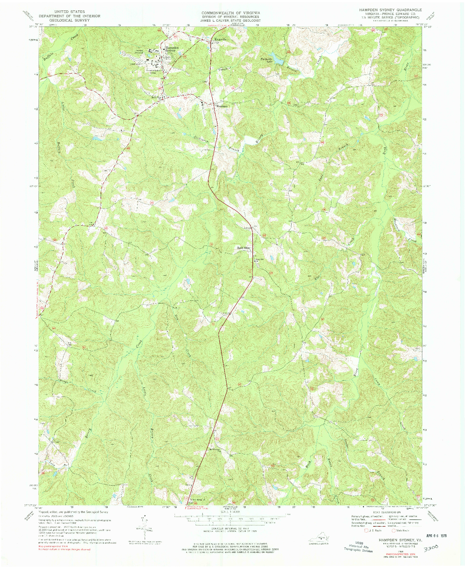 USGS 1:24000-SCALE QUADRANGLE FOR HAMPDEN SYDNEY, VA 1968