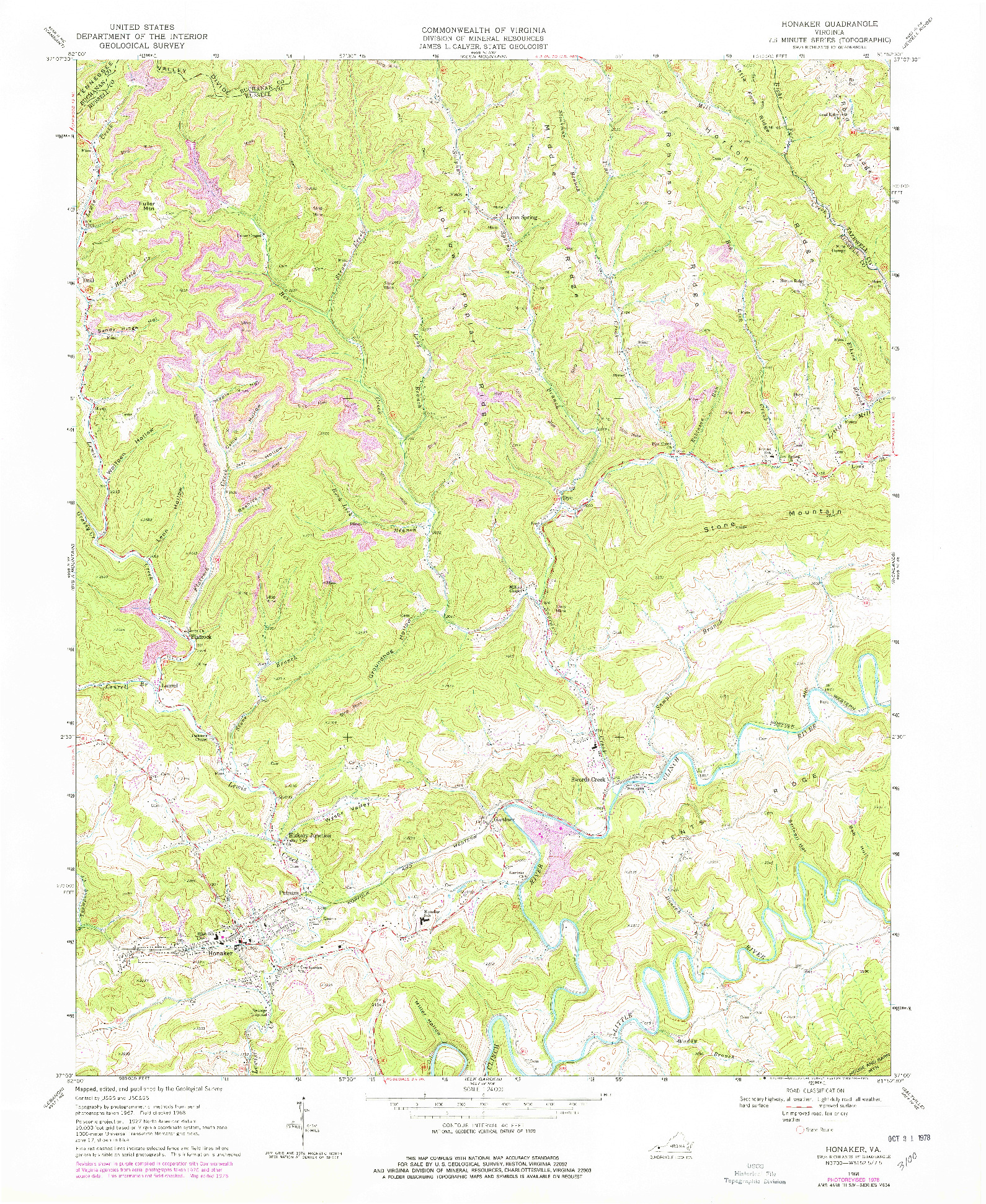 USGS 1:24000-SCALE QUADRANGLE FOR HONAKER, VA 1968