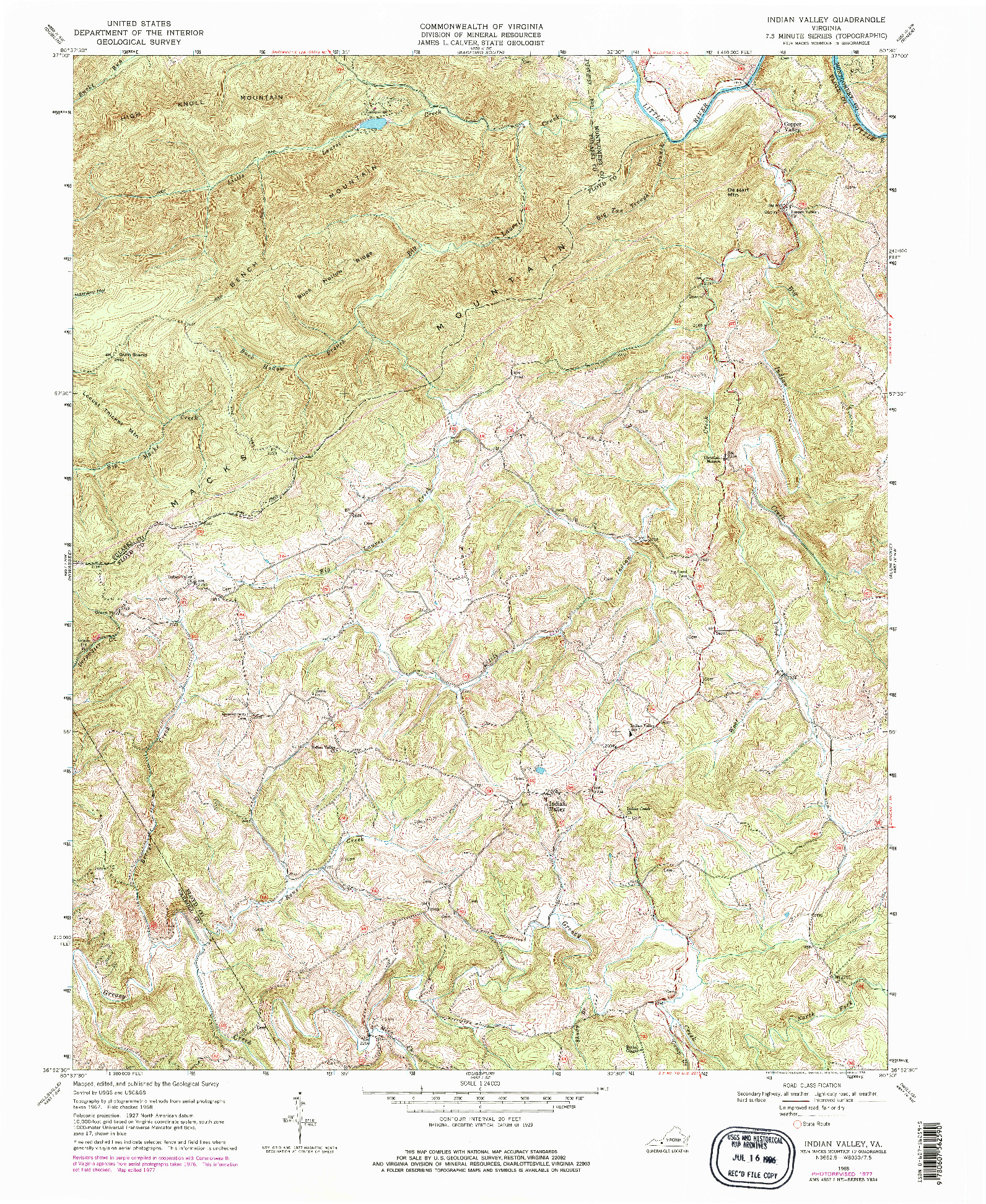 USGS 1:24000-SCALE QUADRANGLE FOR INDIAN VALLEY, VA 1968