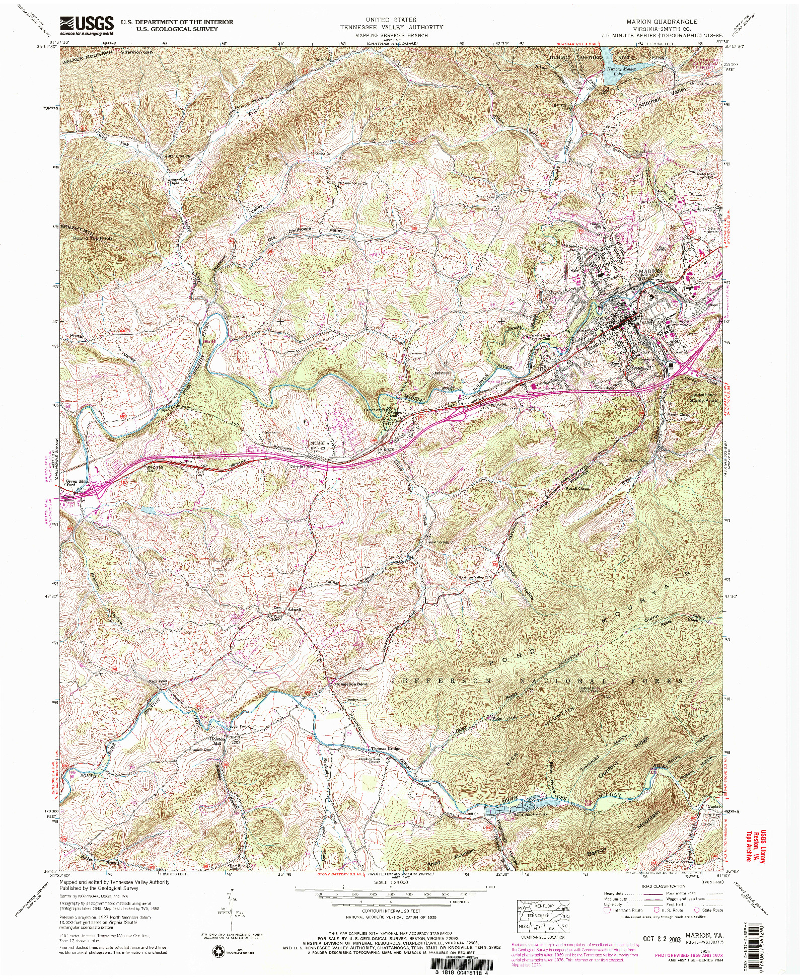 USGS 1:24000-SCALE QUADRANGLE FOR MARION, VA 1958