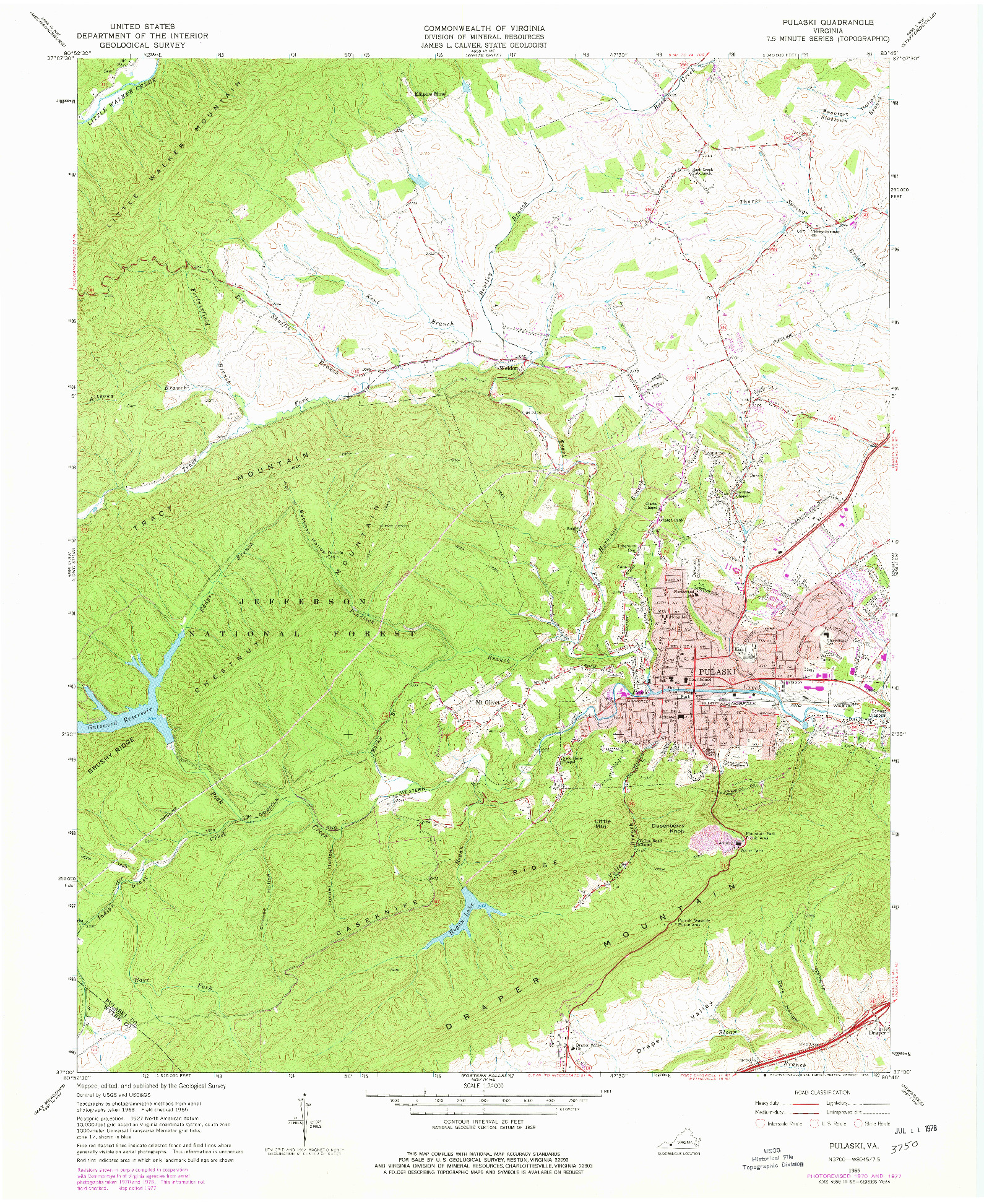 USGS 1:24000-SCALE QUADRANGLE FOR PULASKI, VA 1965