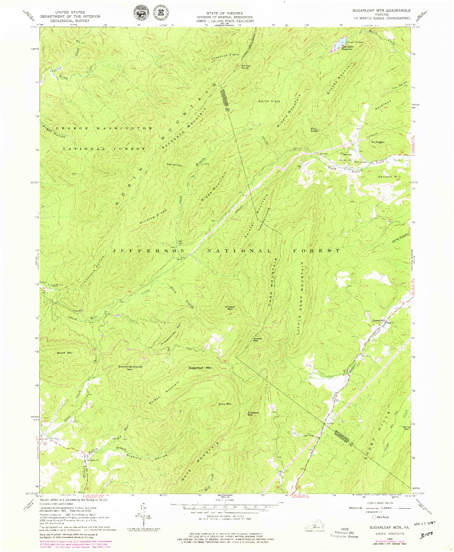 USGS 1:24000-SCALE QUADRANGLE FOR SUGARLOAF MTN, VA 1962