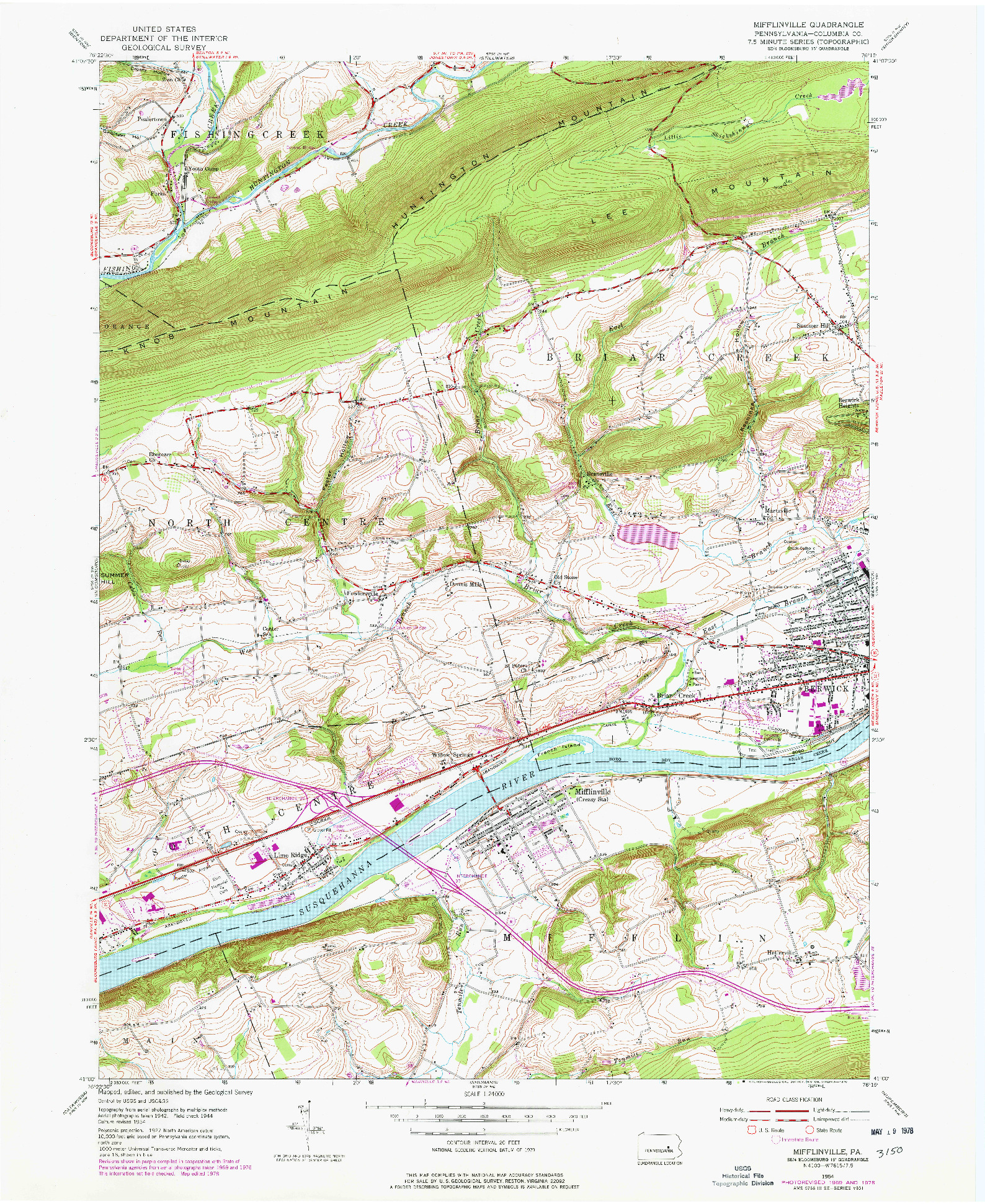 USGS 1:24000-SCALE QUADRANGLE FOR MIFFLINVILLE, PA 1954