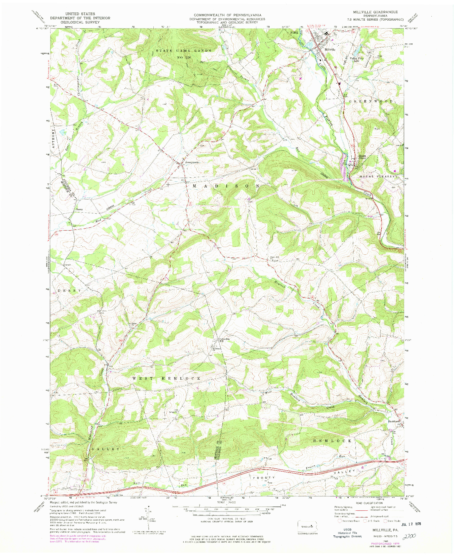 USGS 1:24000-SCALE QUADRANGLE FOR MILLVILLE, PA 1968