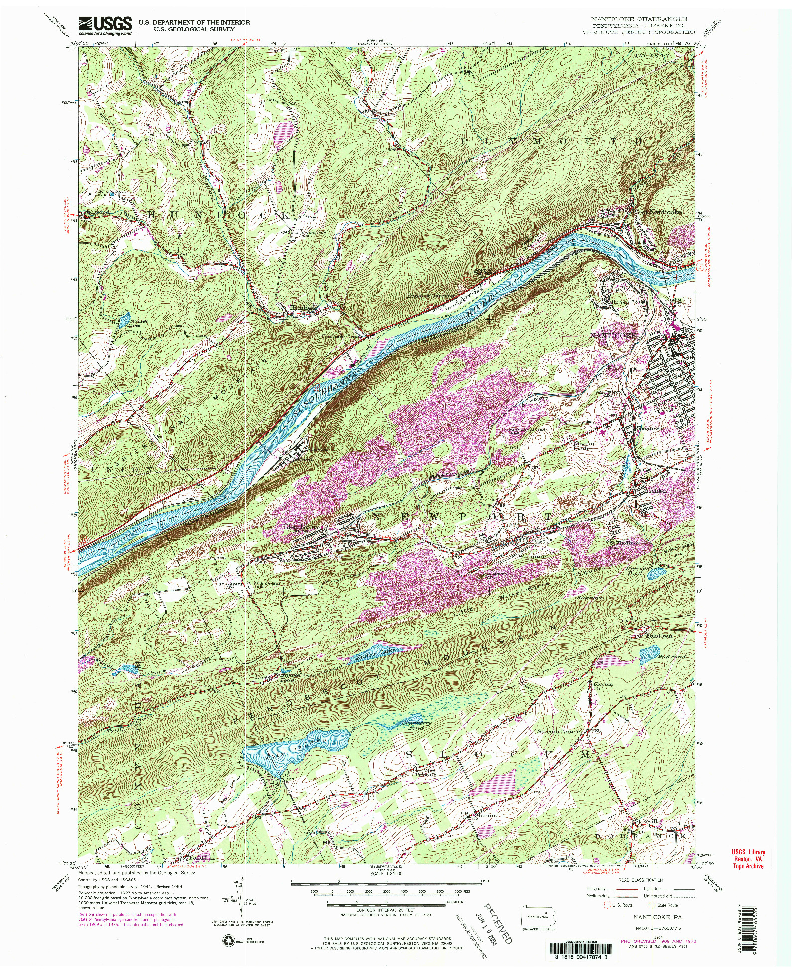 USGS 1:24000-SCALE QUADRANGLE FOR NANTICOKE, PA 1954