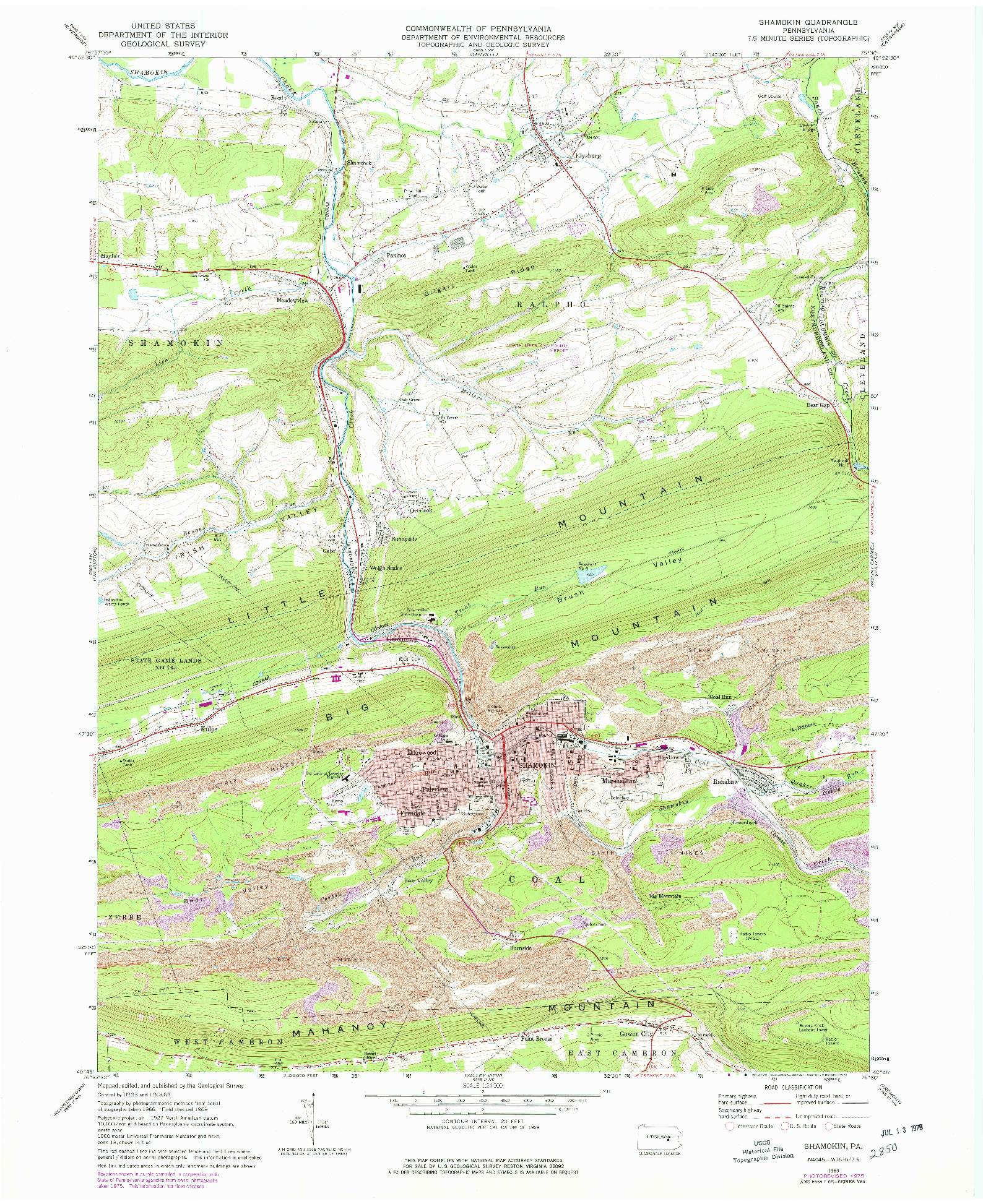 USGS 1:24000-SCALE QUADRANGLE FOR SHAMOKIN, PA 1969