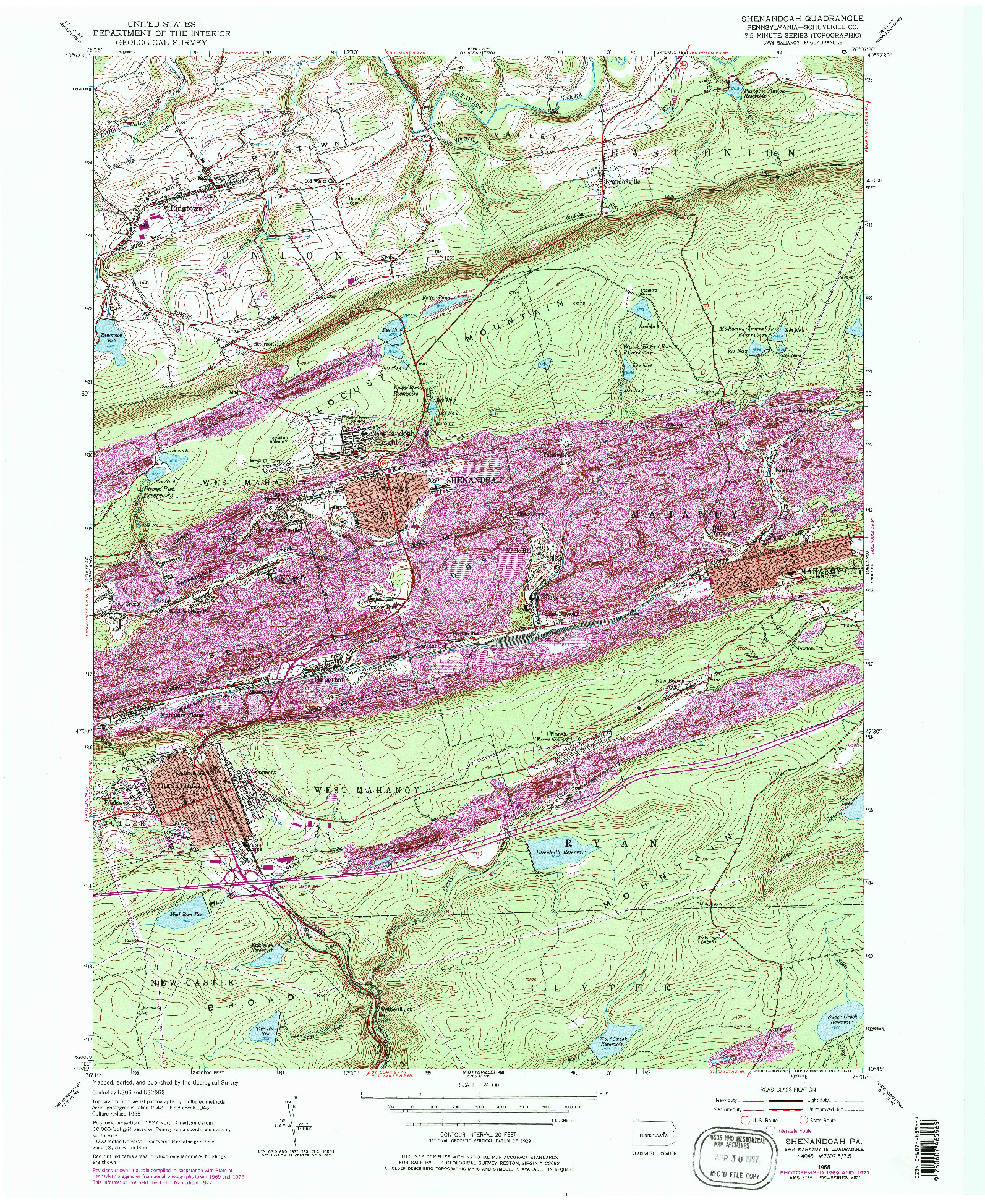 USGS 1:24000-SCALE QUADRANGLE FOR SHENANDOAH, PA 1955