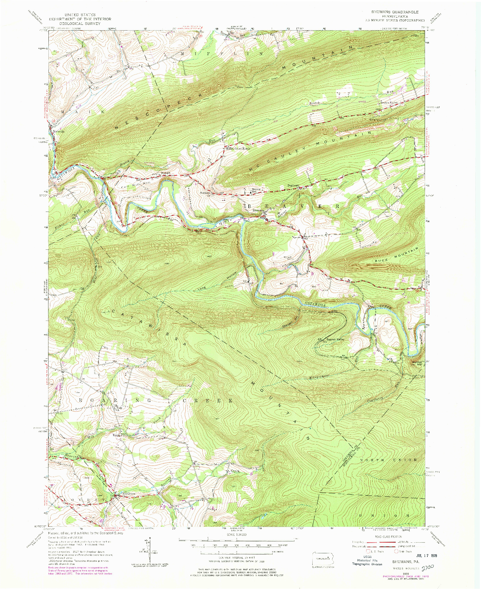 USGS 1:24000-SCALE QUADRANGLE FOR SHUMANS, PA 1955