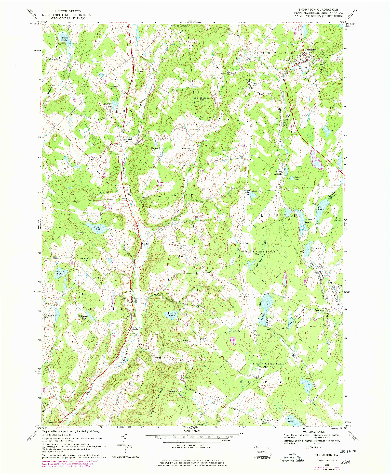 USGS 1:24000-SCALE QUADRANGLE FOR THOMPSON, PA 1968