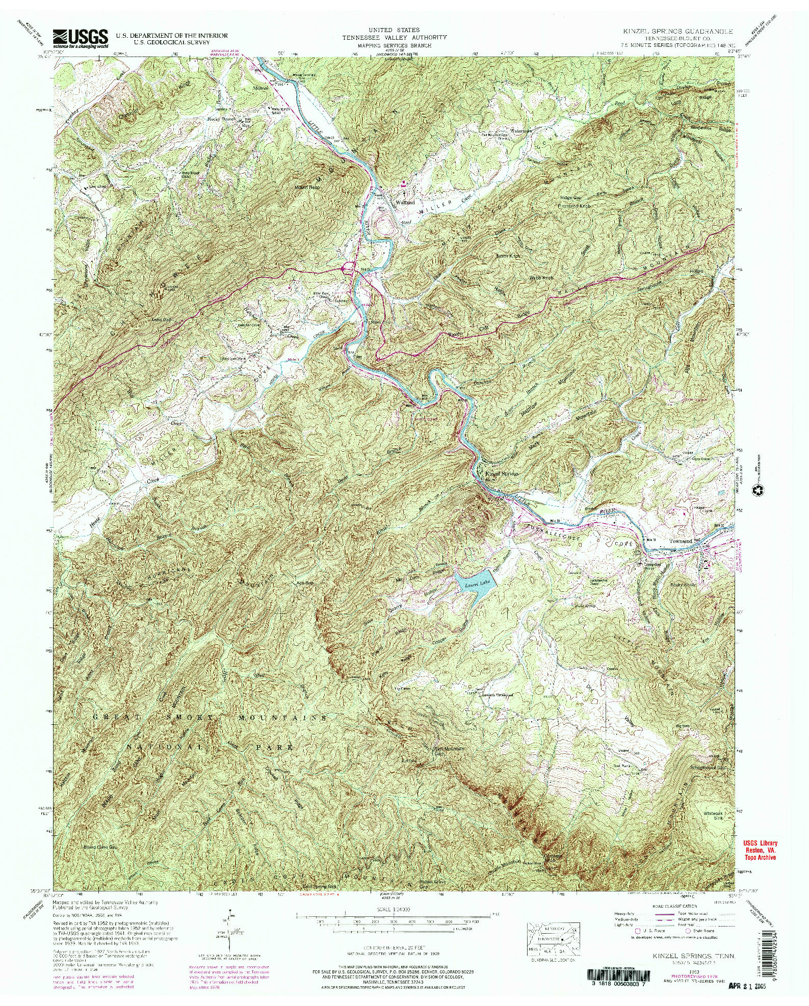 USGS 1:24000-SCALE QUADRANGLE FOR KINZEL SPRINGS, TN 1953