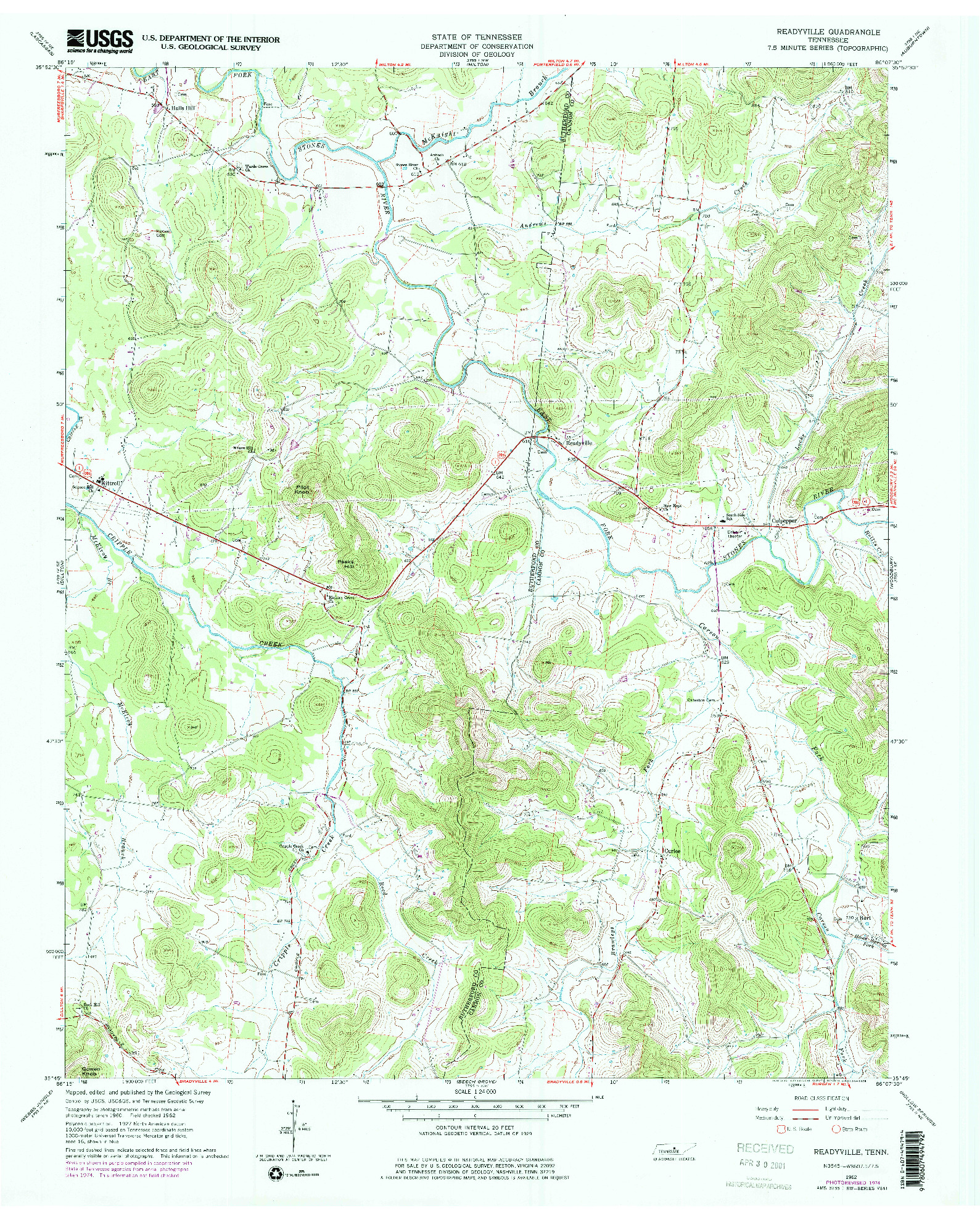 USGS 1:24000-SCALE QUADRANGLE FOR READYVILLE, TN 1962