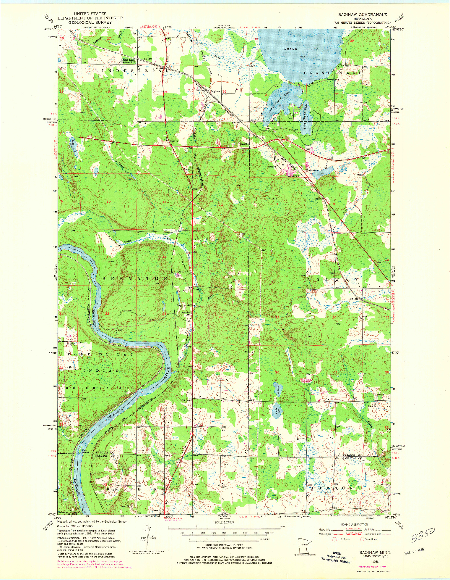 USGS 1:24000-SCALE QUADRANGLE FOR SAGINAW, MN 1953