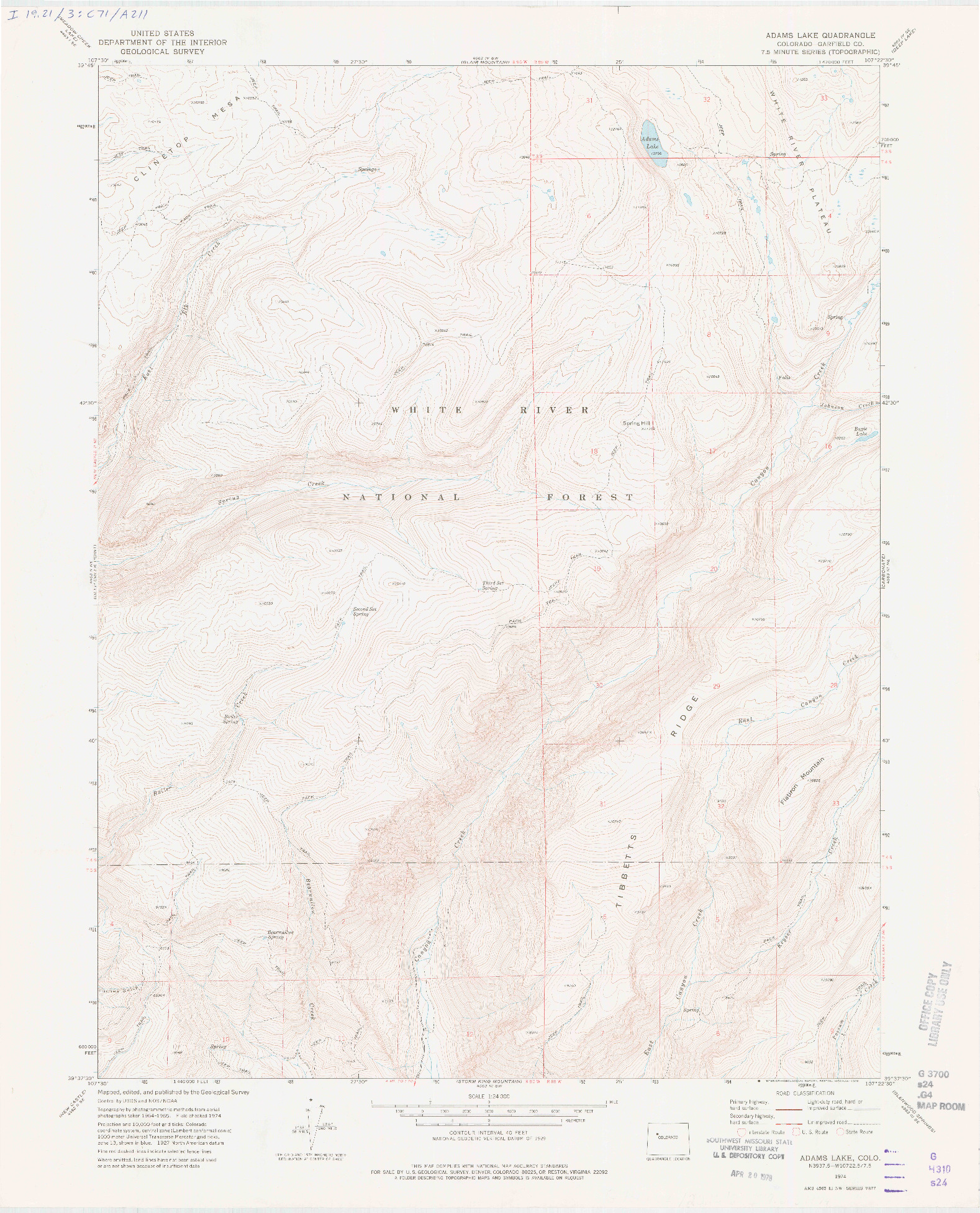 USGS 1:24000-SCALE QUADRANGLE FOR ADAMS LAKE, CO 1974