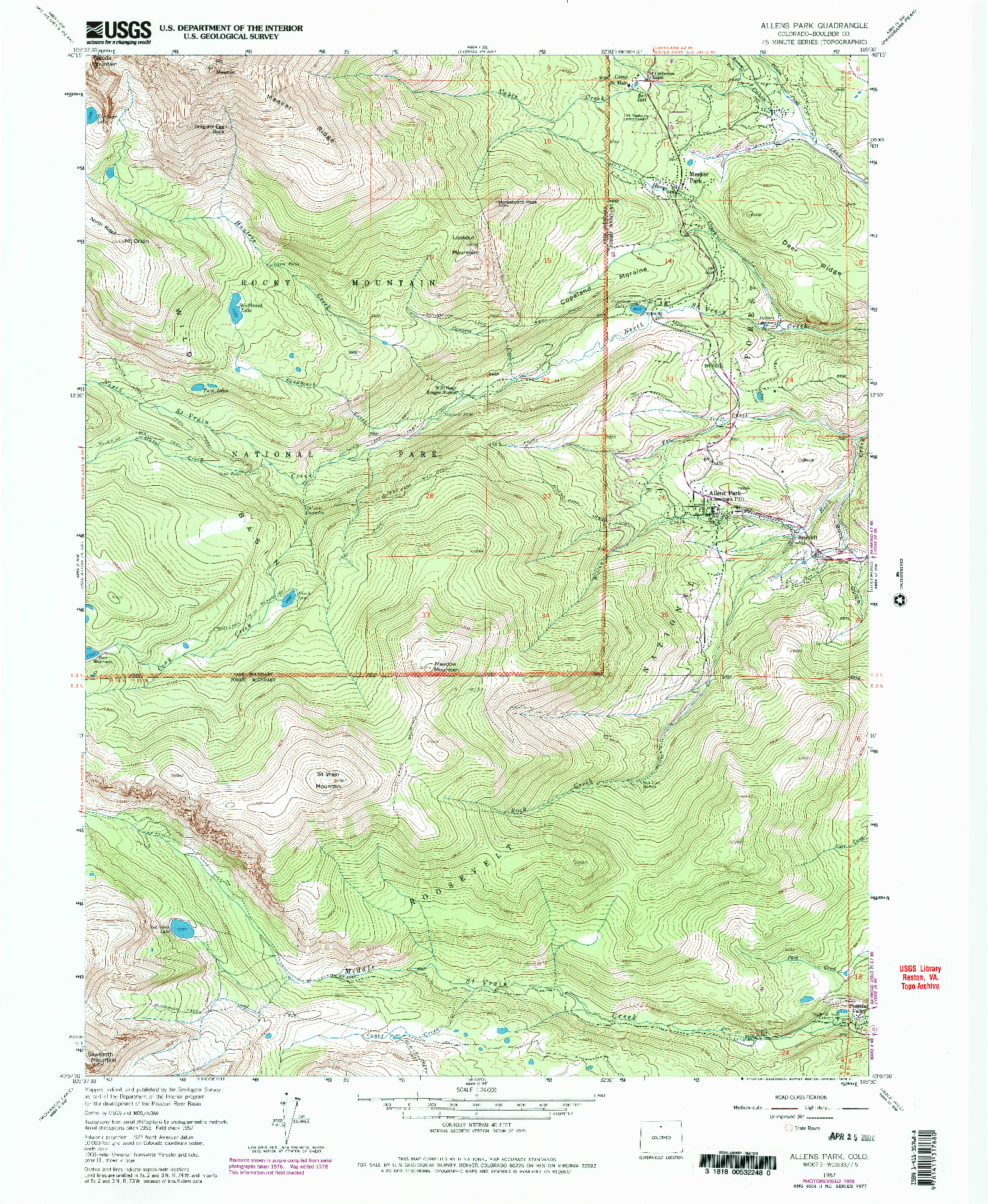 USGS 1:24000-SCALE QUADRANGLE FOR ALLENS PARK, CO 1957