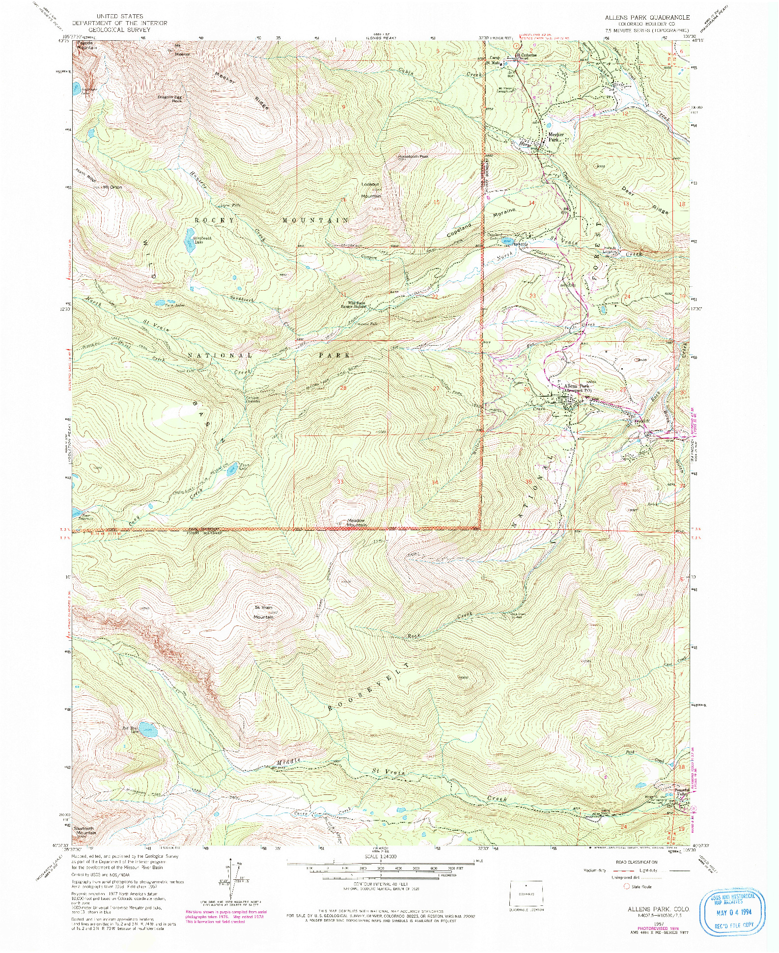 USGS 1:24000-SCALE QUADRANGLE FOR ALLENS PARK, CO 1957