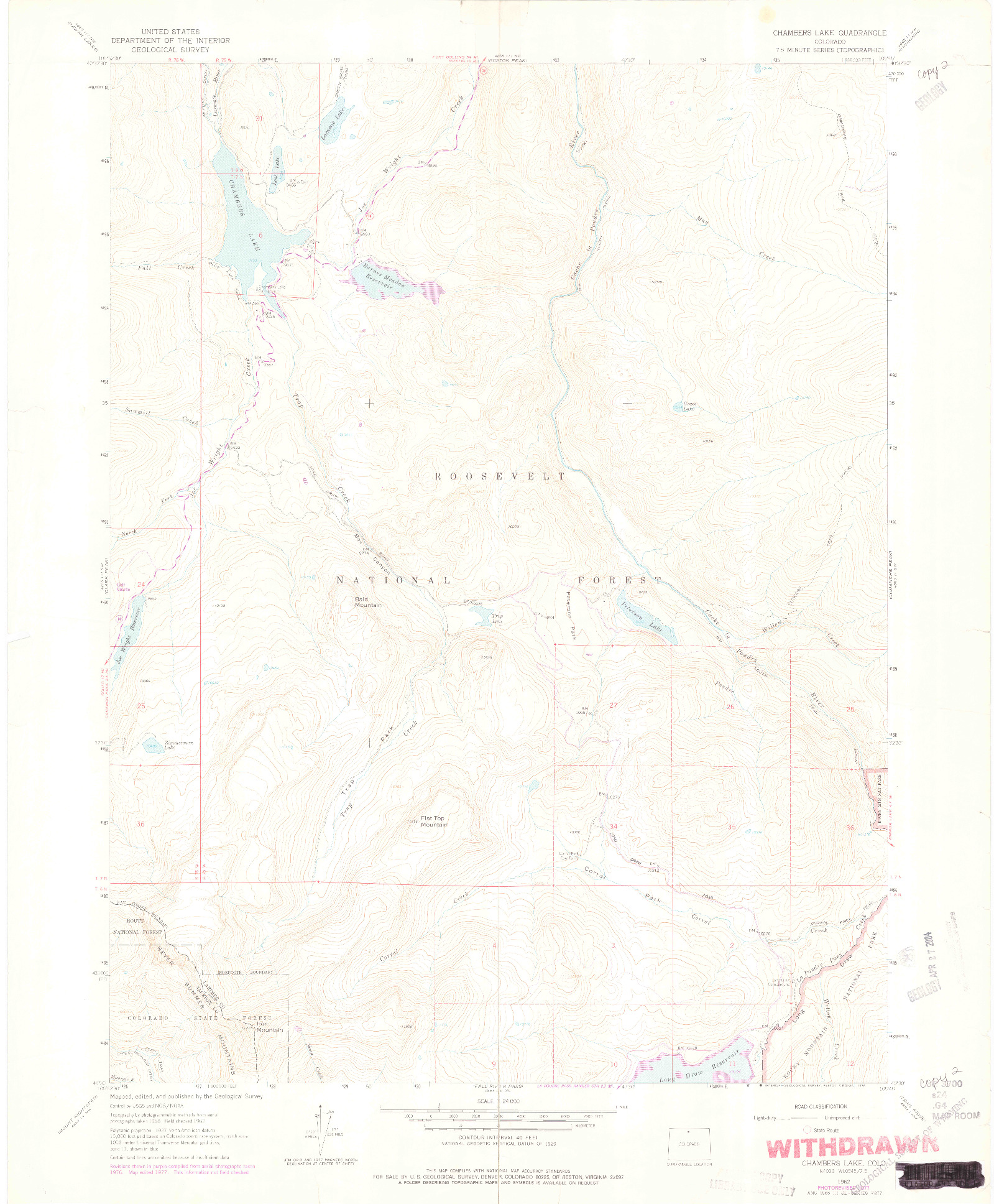 USGS 1:24000-SCALE QUADRANGLE FOR CHAMBERS LAKE, CO 1962