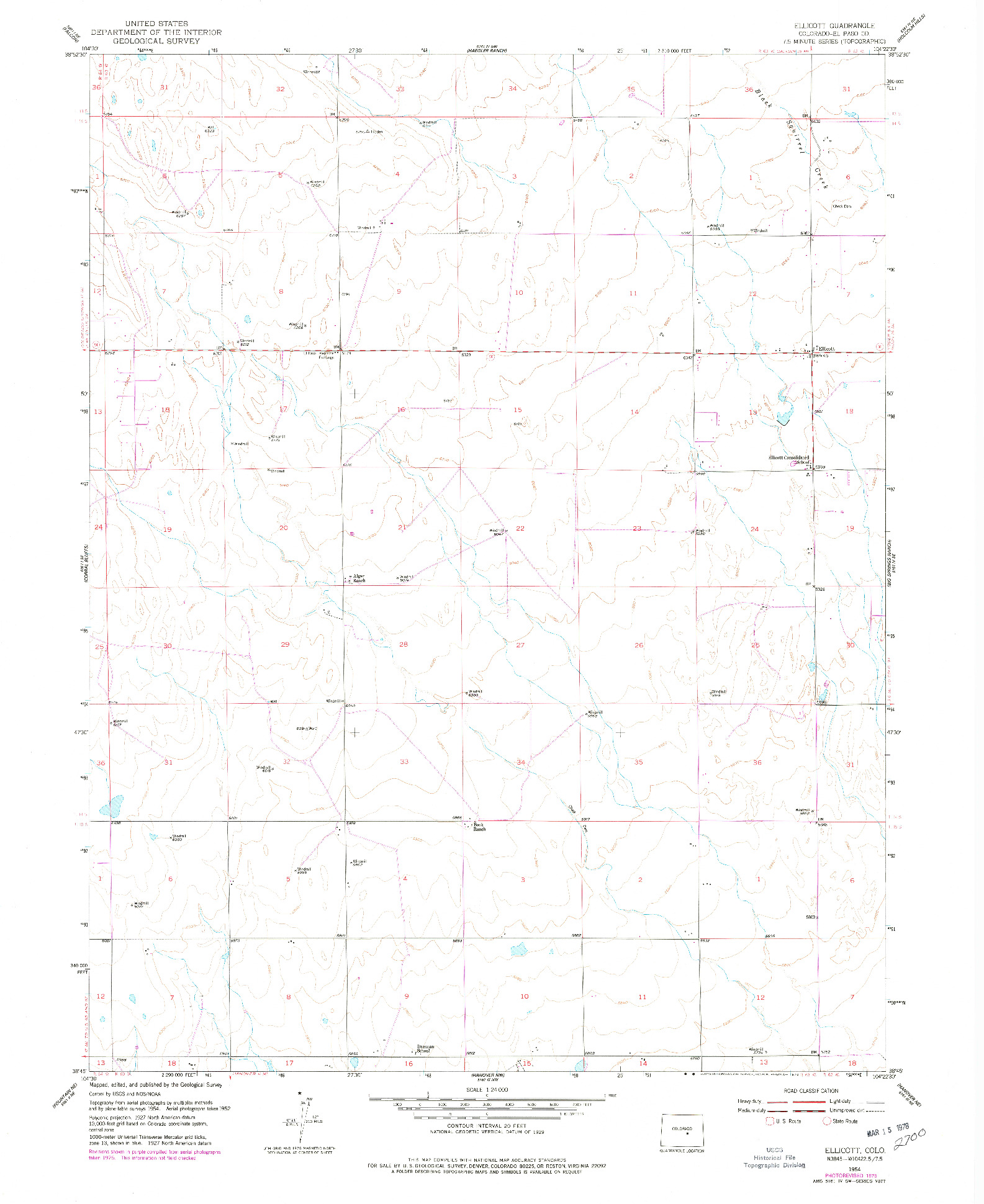 USGS 1:24000-SCALE QUADRANGLE FOR ELLICOTT, CO 1954