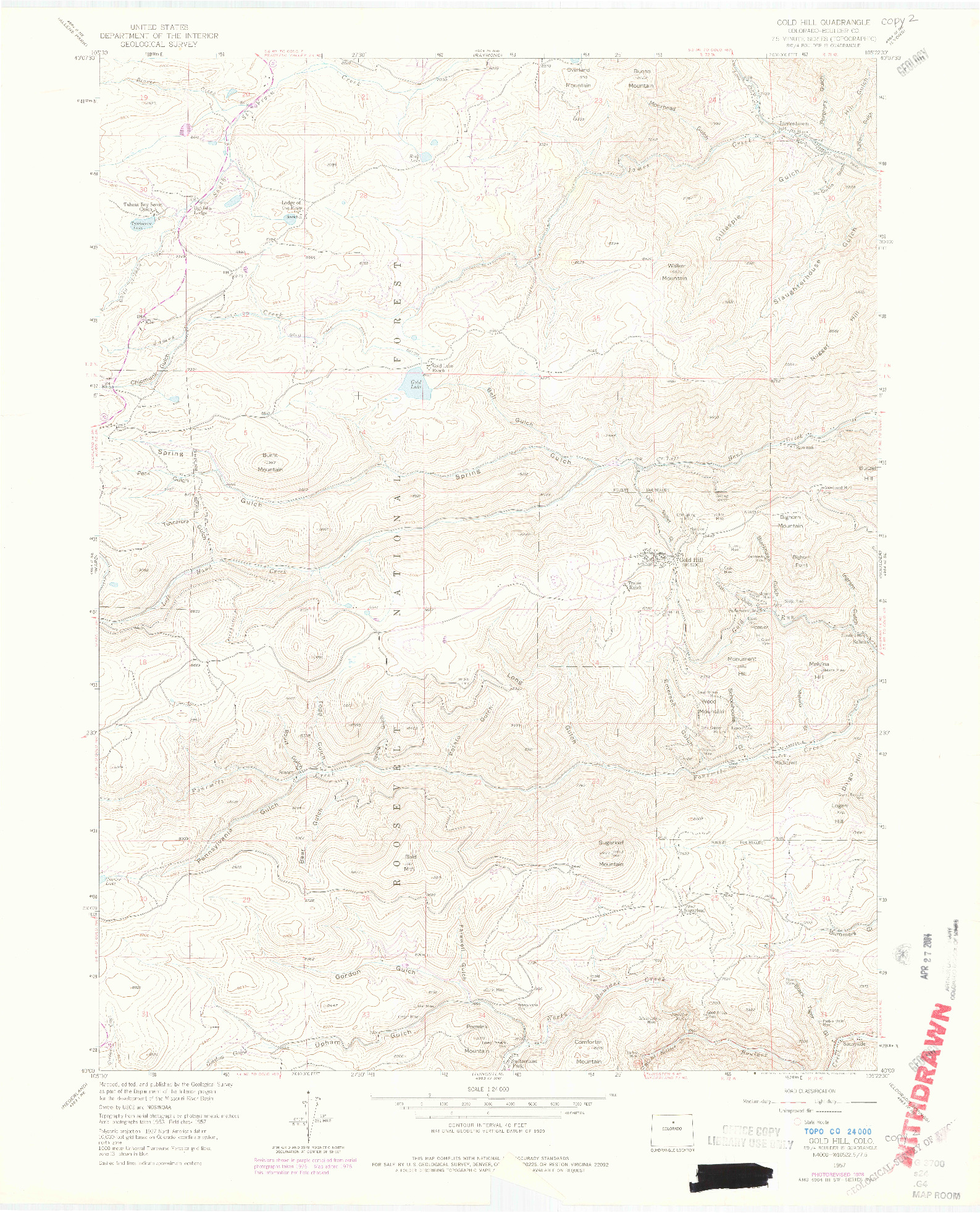 USGS 1:24000-SCALE QUADRANGLE FOR GOLD HILL, CO 1957