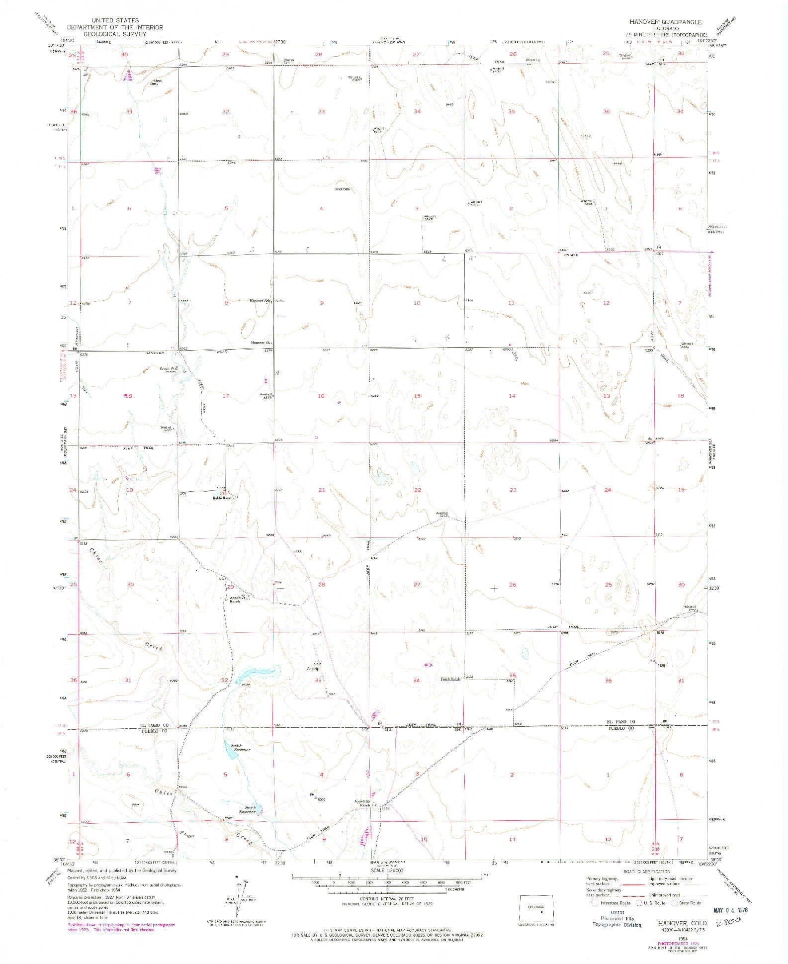 USGS 1:24000-SCALE QUADRANGLE FOR HANOVER, CO 1954