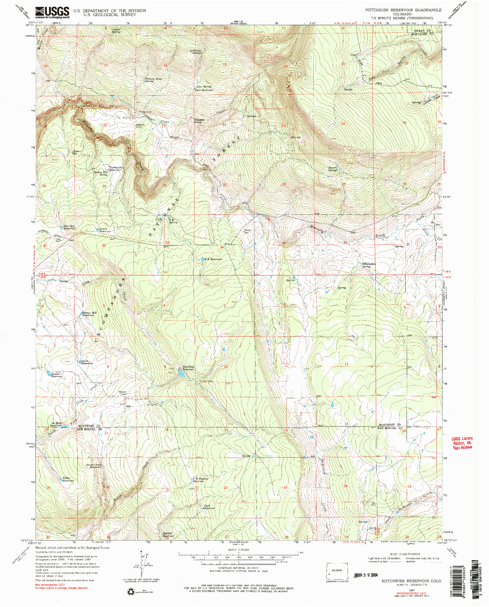 USGS 1:24000-SCALE QUADRANGLE FOR HOTCHKISS RESERVOIR, CO 1967