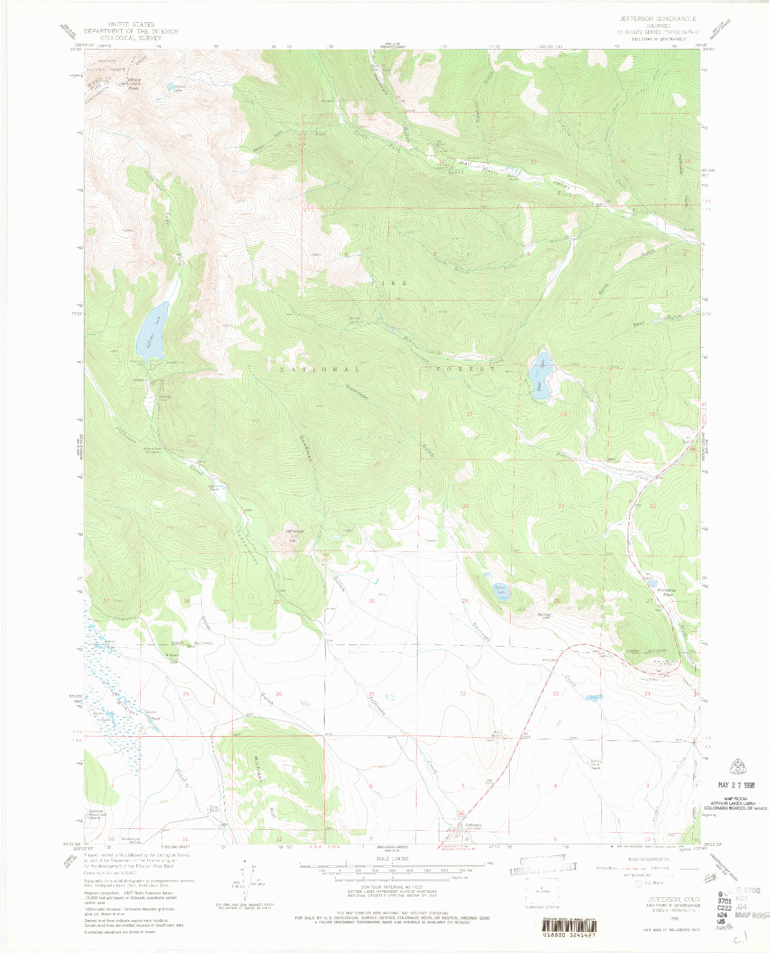 USGS 1:24000-SCALE QUADRANGLE FOR JEFFERSON, CO 1958