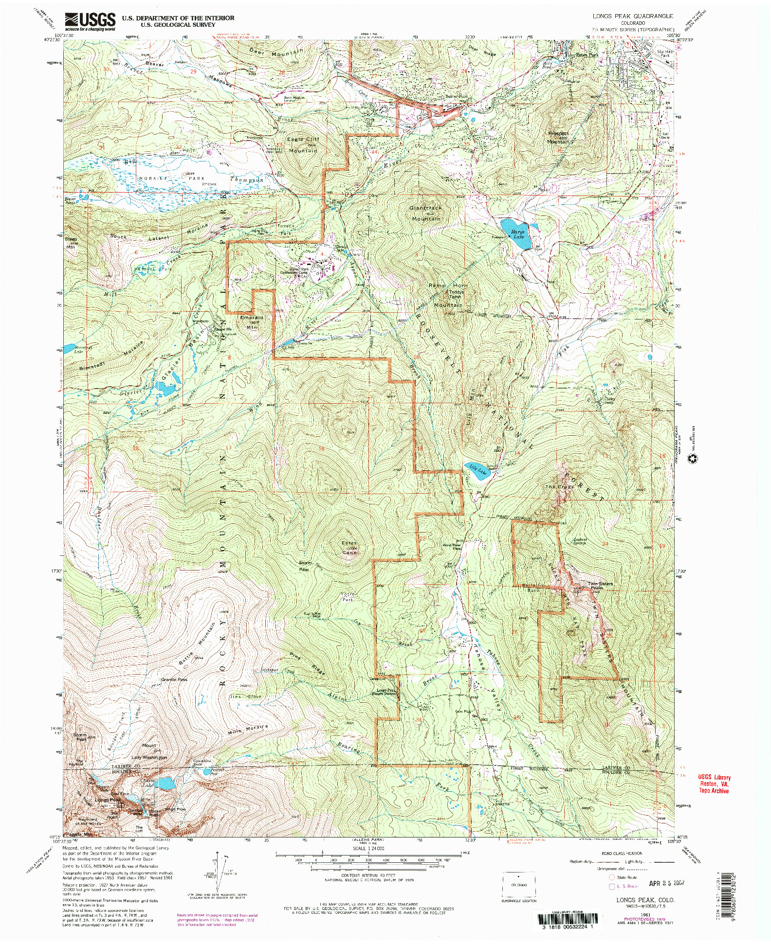 USGS 1:24000-SCALE QUADRANGLE FOR LONGS PEAK, CO 1961