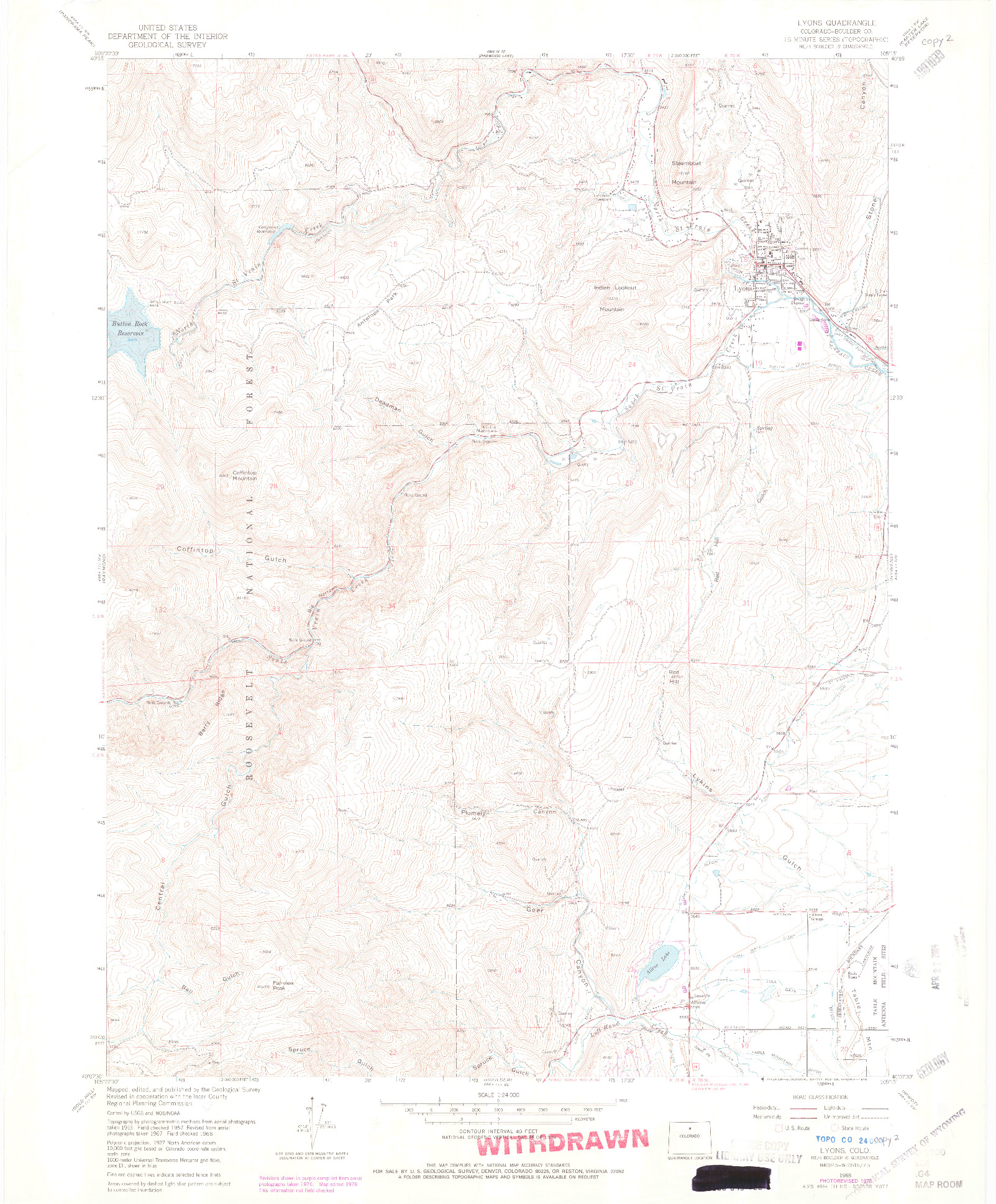 USGS 1:24000-SCALE QUADRANGLE FOR LYONS, CO 1968