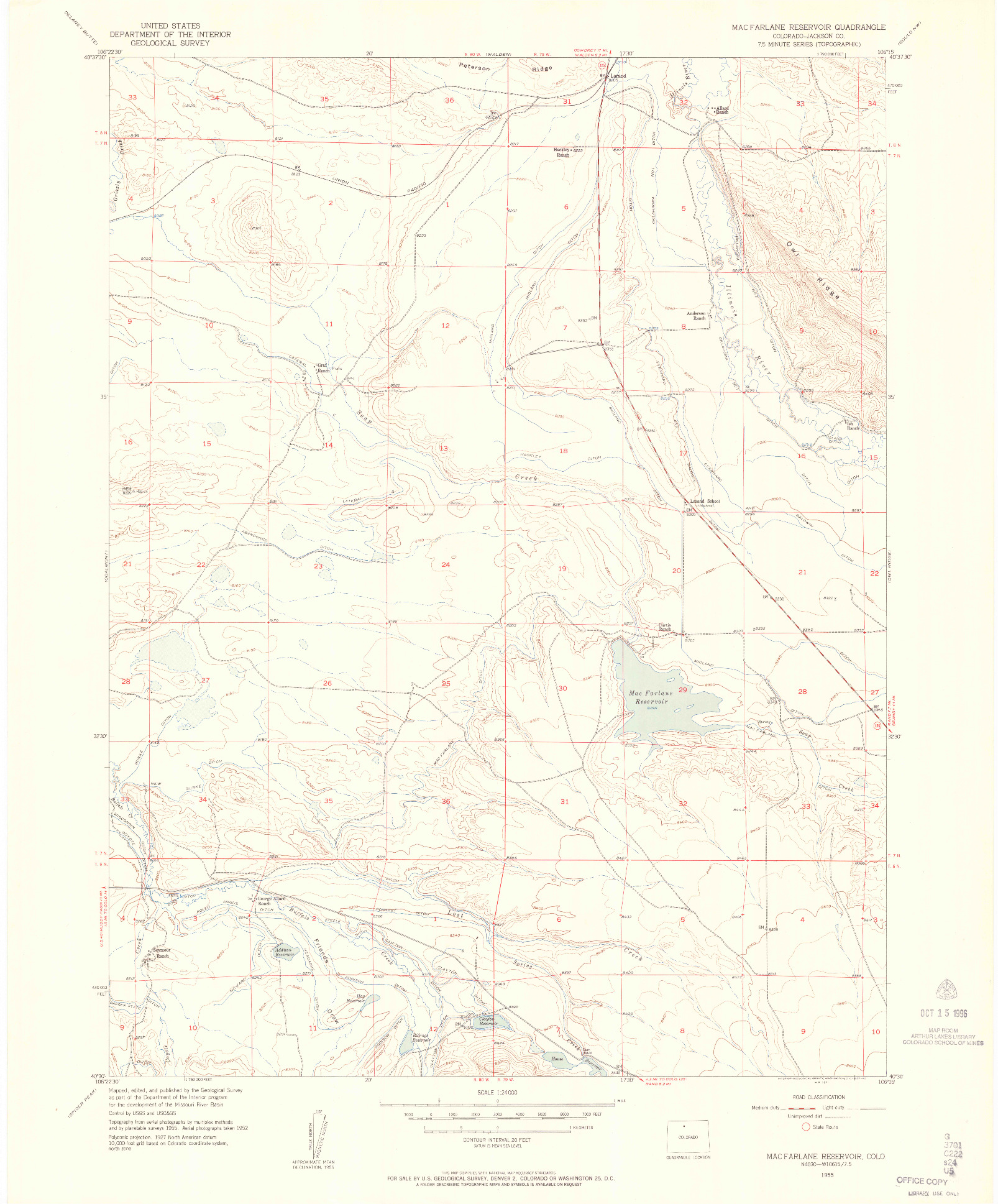 USGS 1:24000-SCALE QUADRANGLE FOR MACFARLANE RESERVOIR, CO 1955