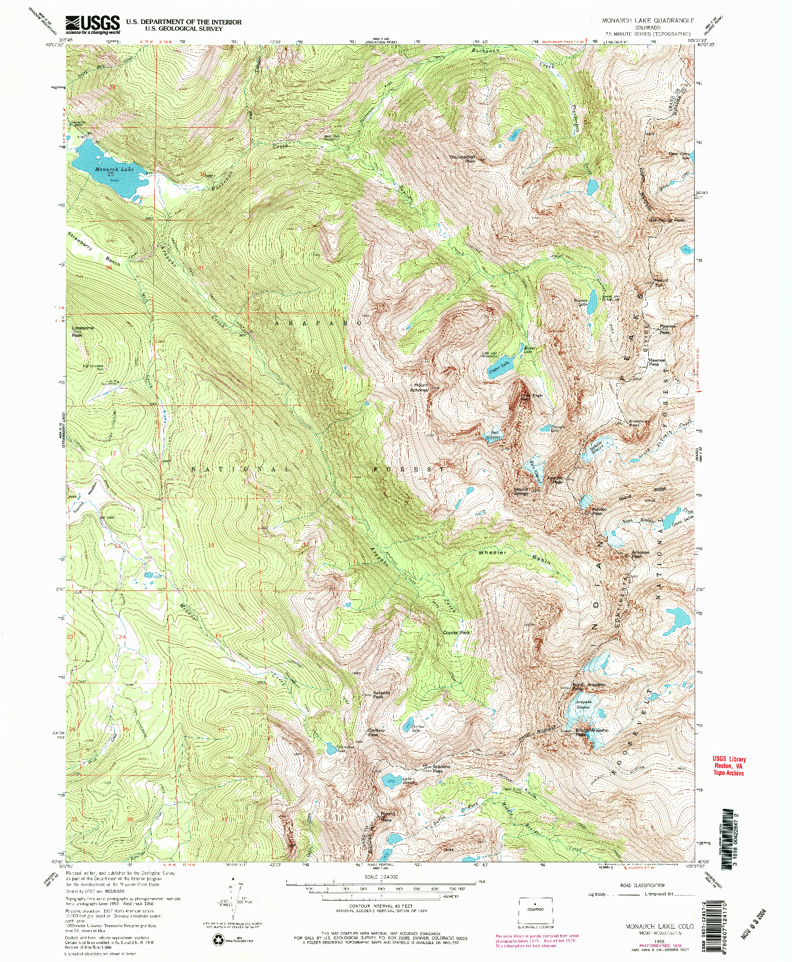 USGS 1:24000-SCALE QUADRANGLE FOR MONARCH LAKE, CO 1958