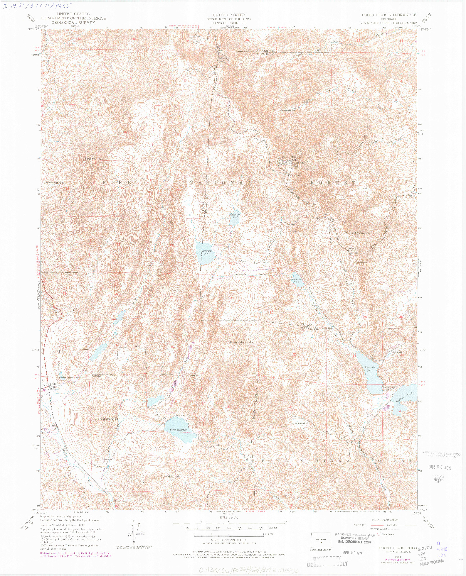 USGS 1:24000-SCALE QUADRANGLE FOR PIKES PEAK, CO 1951