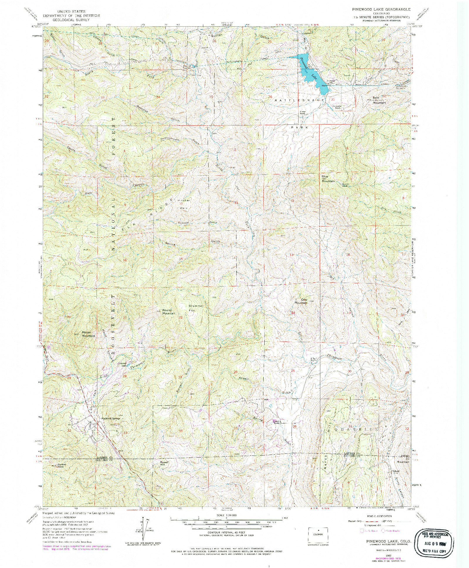 USGS 1:24000-SCALE QUADRANGLE FOR PINEWOOD LAKE, CO 1962