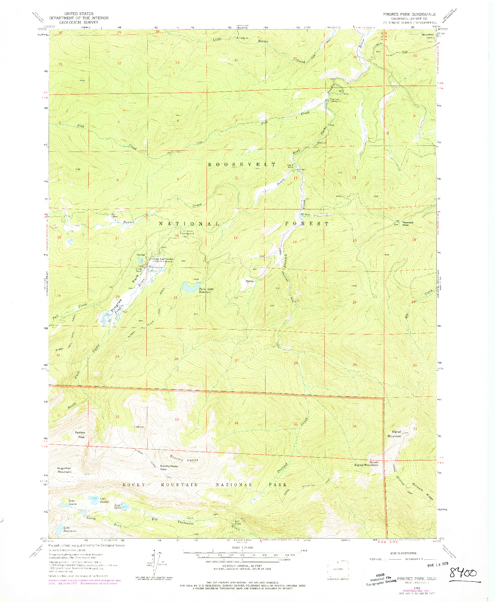 USGS 1:24000-SCALE QUADRANGLE FOR PINGREE PARK, CO 1962