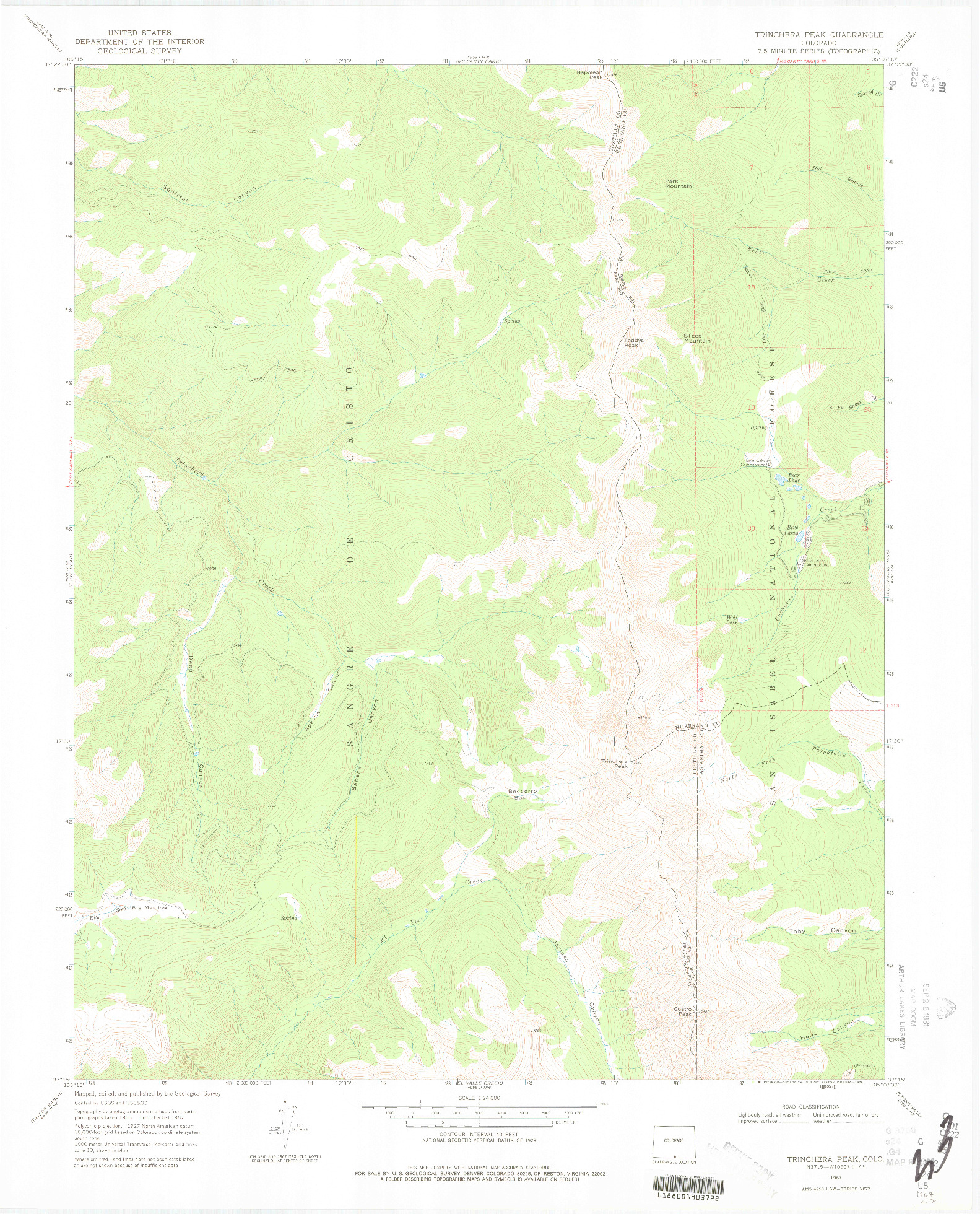 USGS 1:24000-SCALE QUADRANGLE FOR TRINCHERA PEAK, CO 1967