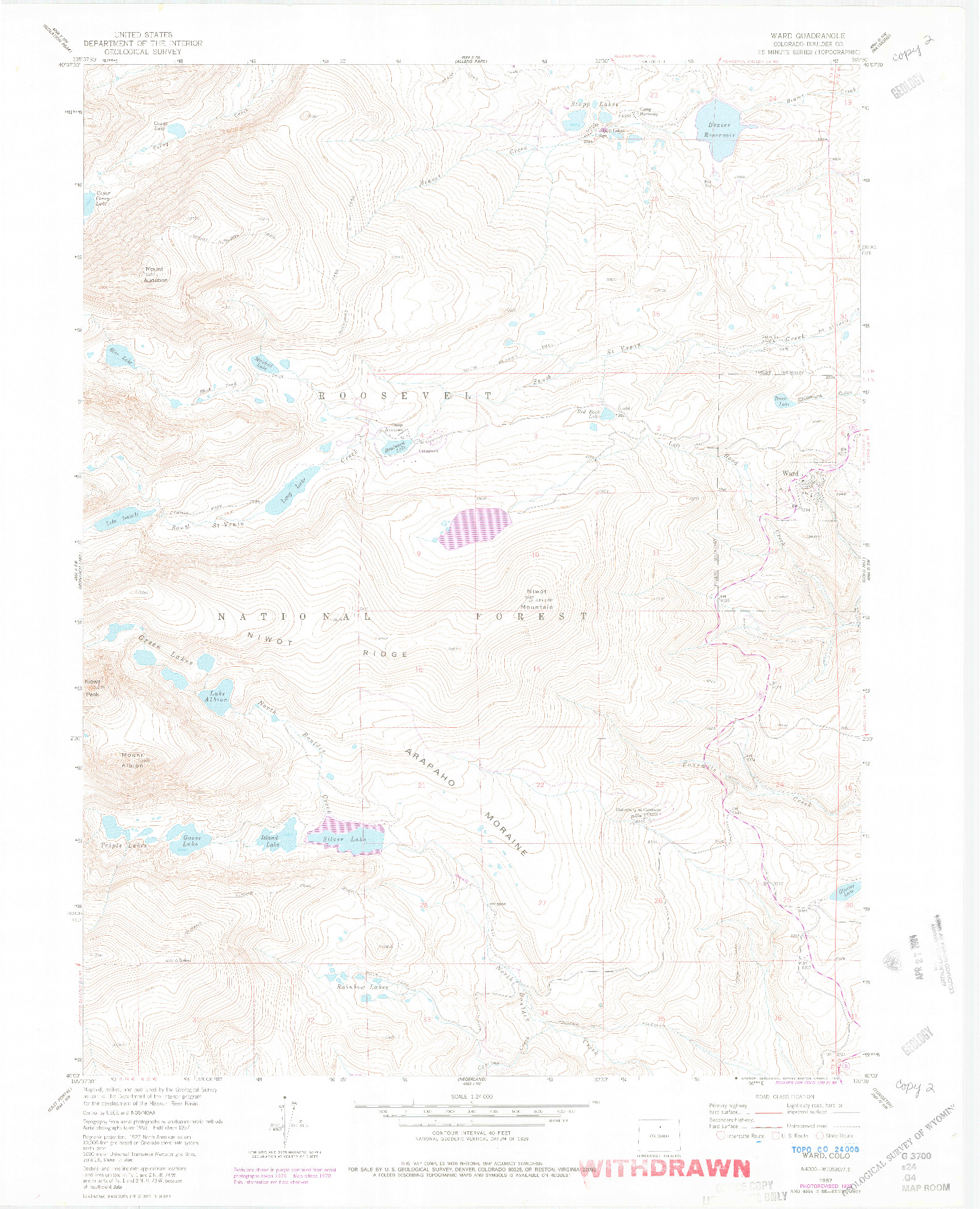 USGS 1:24000-SCALE QUADRANGLE FOR WARD, CO 1957