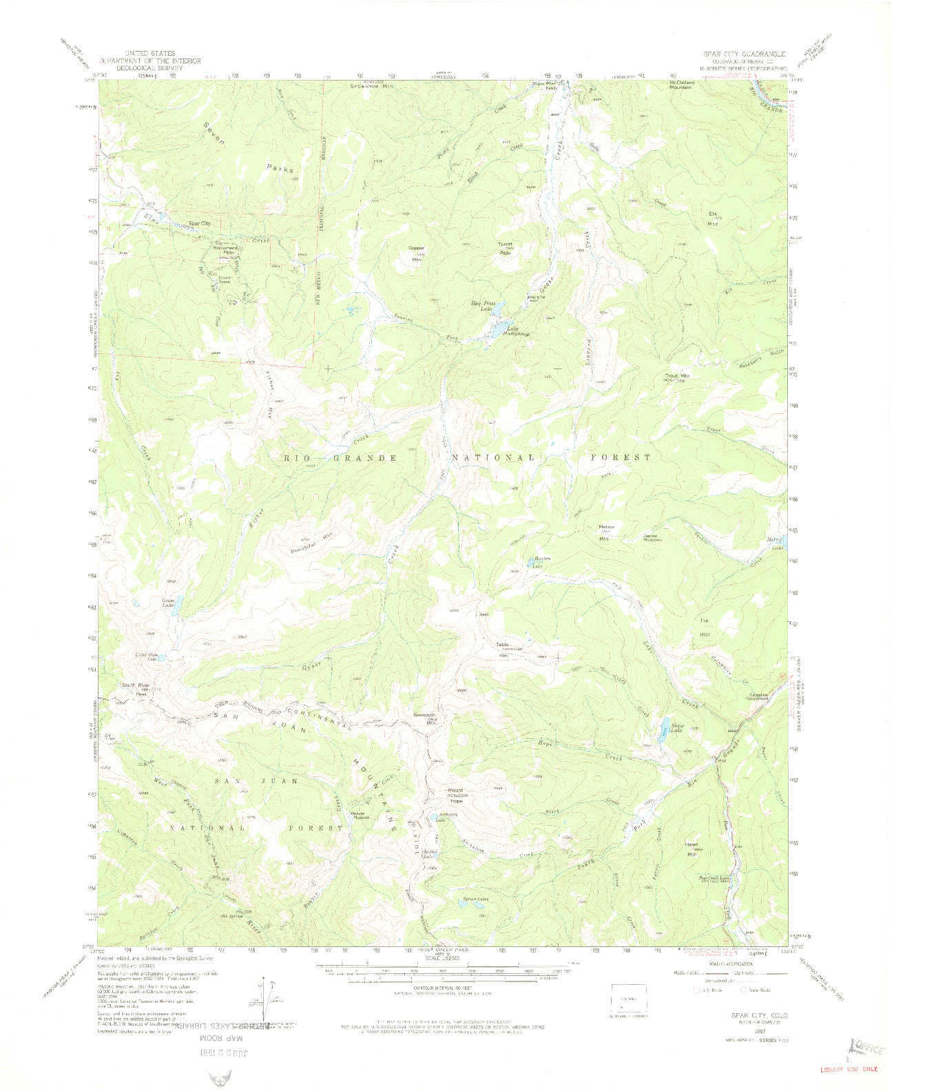 USGS 1:62500-SCALE QUADRANGLE FOR SPAR CITY, CO 1957