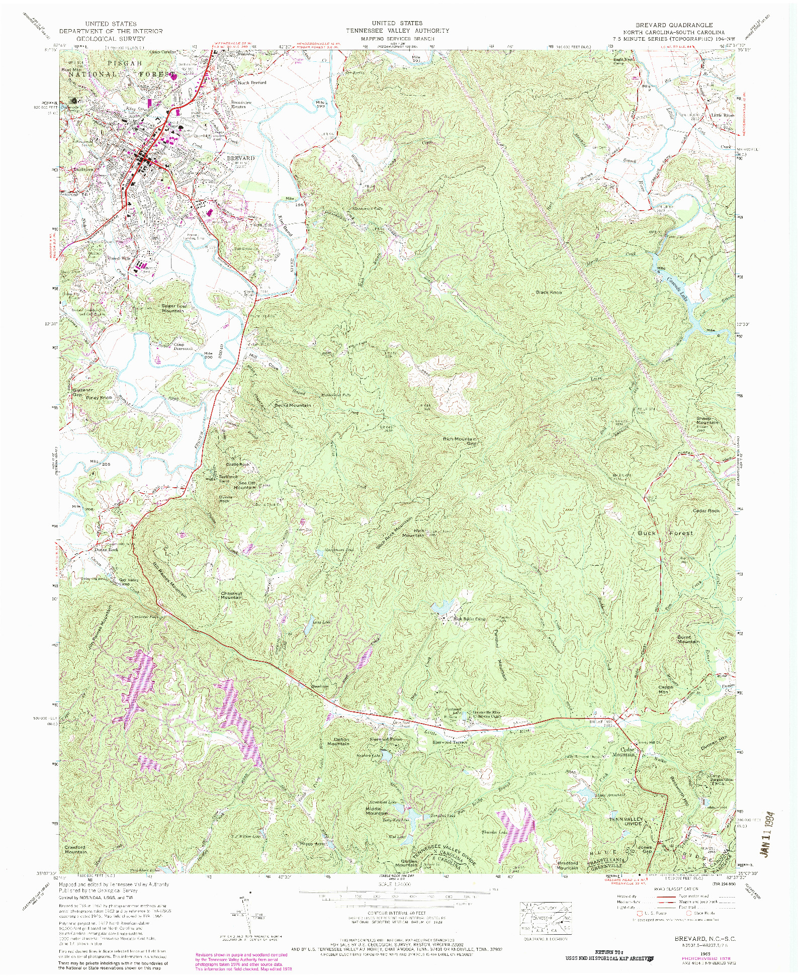 USGS 1:24000-SCALE QUADRANGLE FOR BREVARD, NC 1965