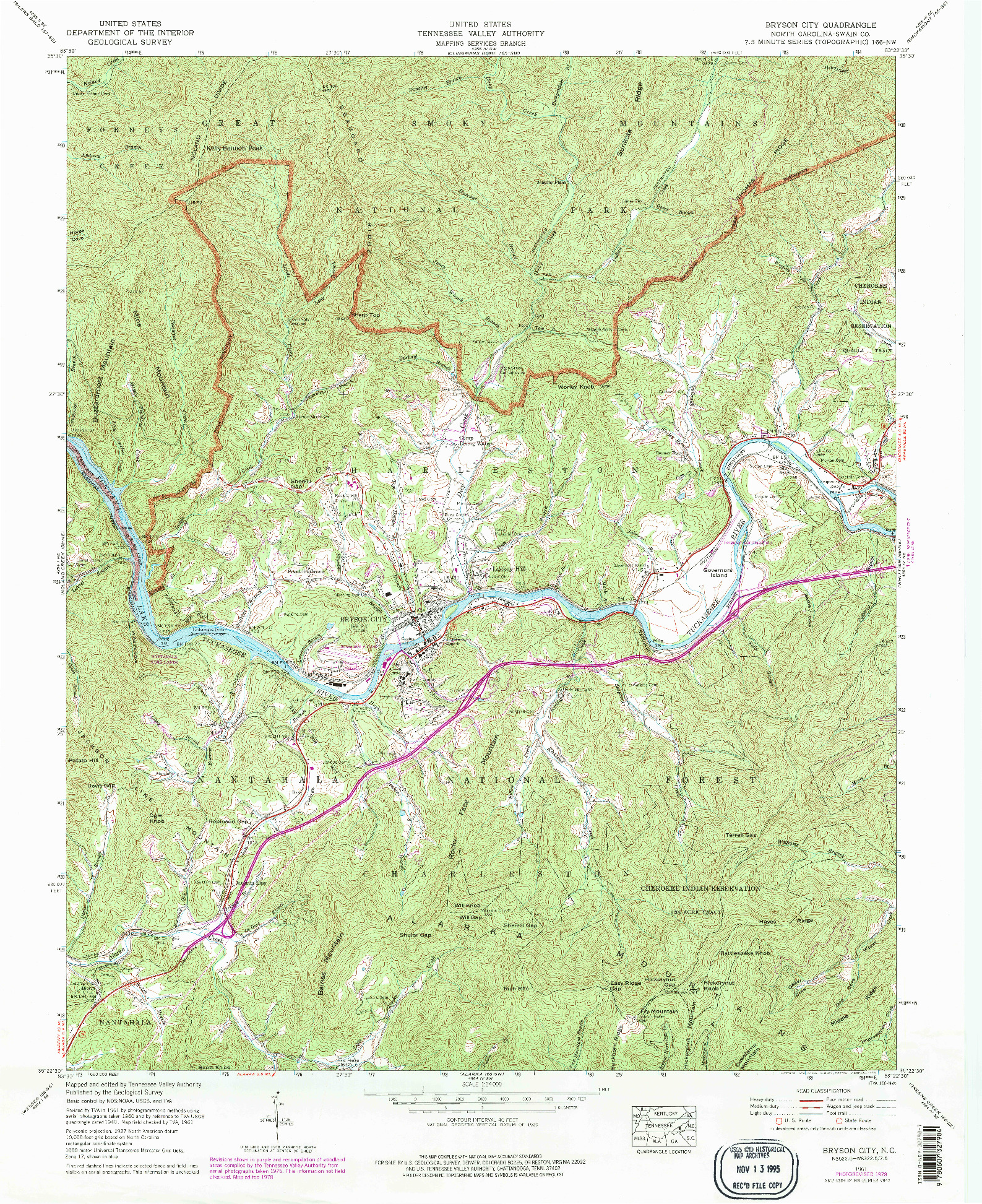 USGS 1:24000-SCALE QUADRANGLE FOR BRYSON CITY, NC 1961