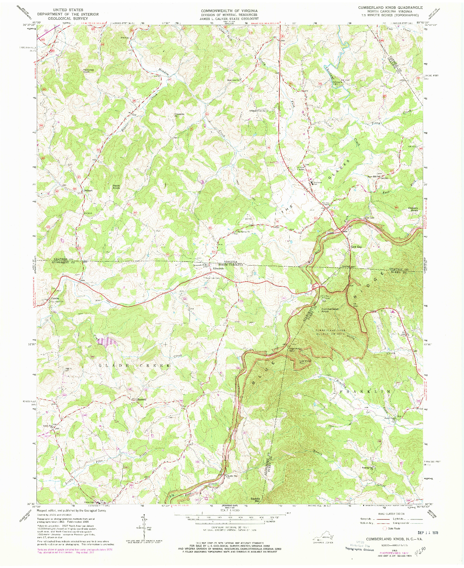 USGS 1:24000-SCALE QUADRANGLE FOR CUMBERLAND KNOB, NC 1965
