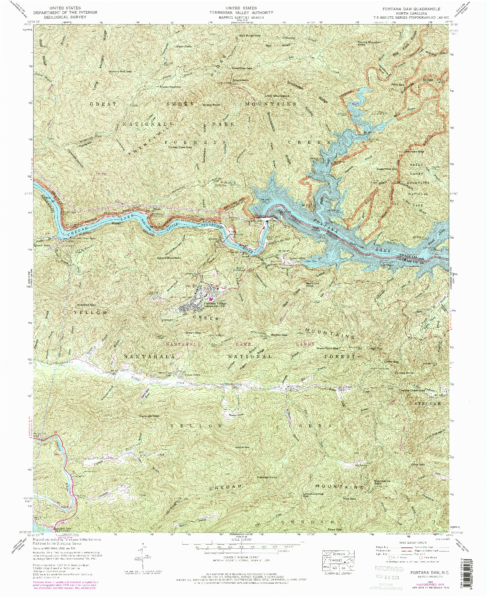 USGS 1:24000-SCALE QUADRANGLE FOR FONTANA DAM, NC 1961